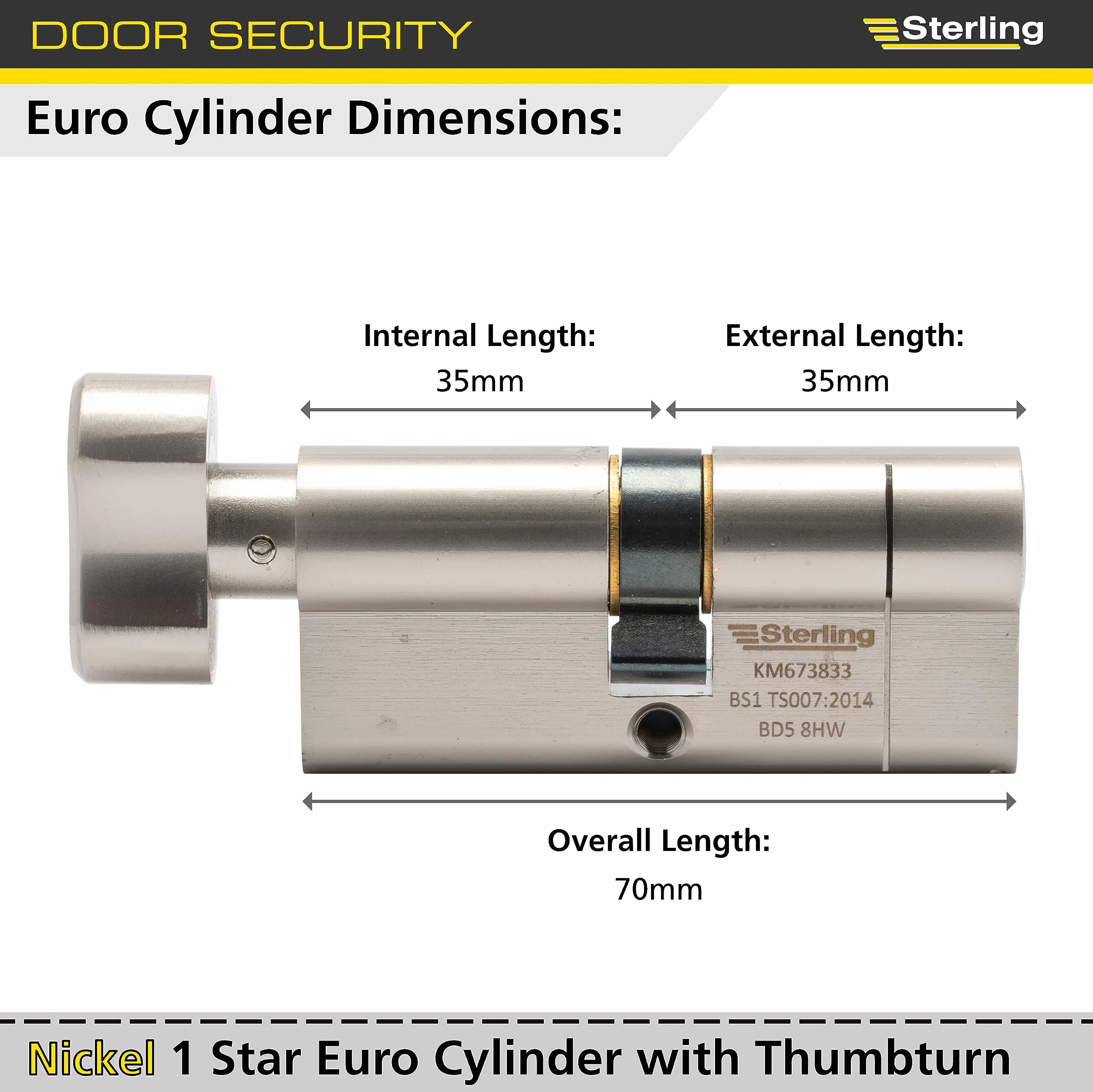 Sterling Int Ext BS1 ETN cylinder z gałką, satynowany nikiel, wewnątrz 35 mm, na zewnątrz 35 mm (łącznie 70 mm)