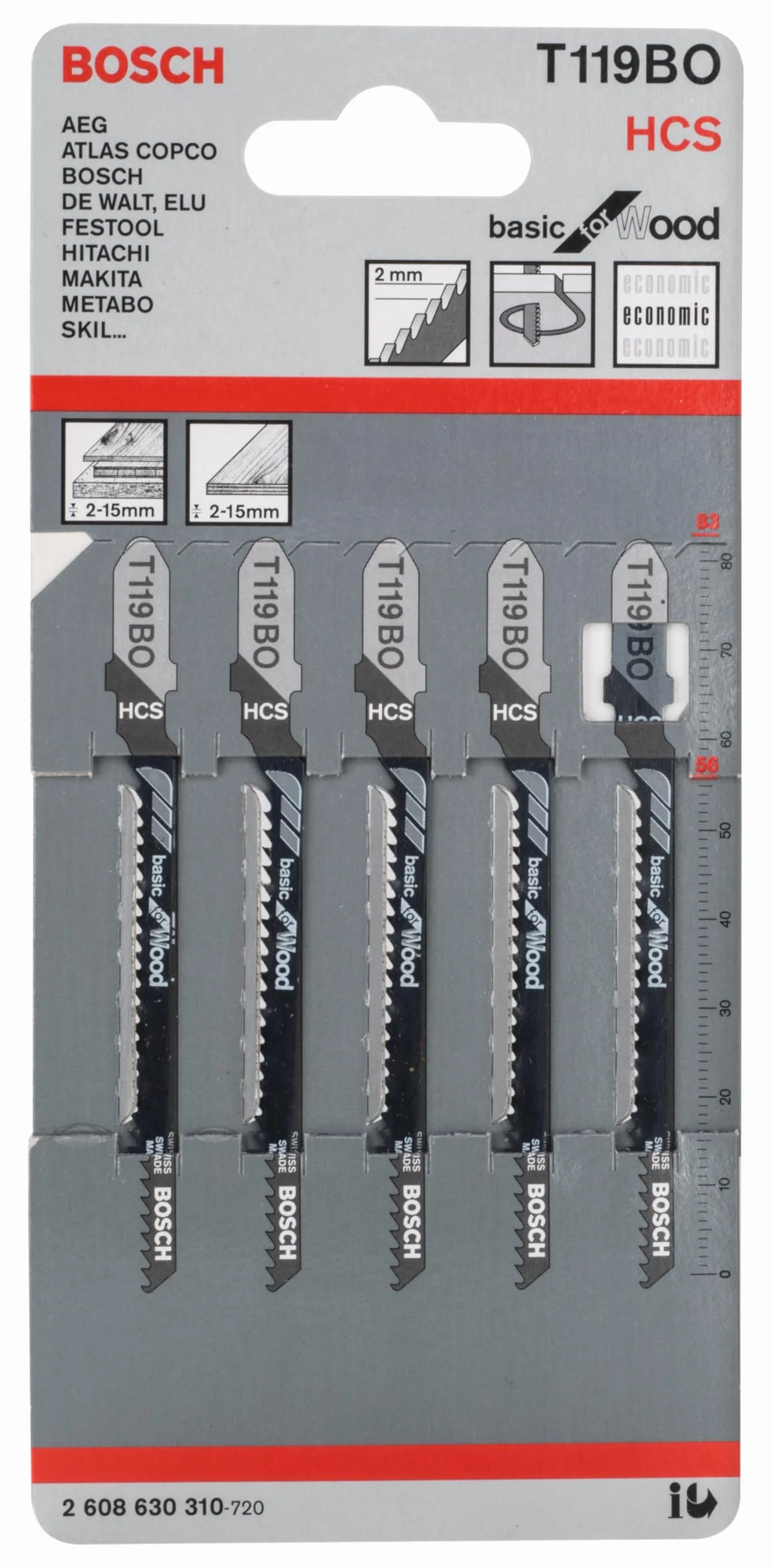 Bosch 5x Brzeszczot do wyrzynarek T 119 BO Basic for Wood (do cięcia w drewnie, profesjonalne akcesoria do wyrzynarki)