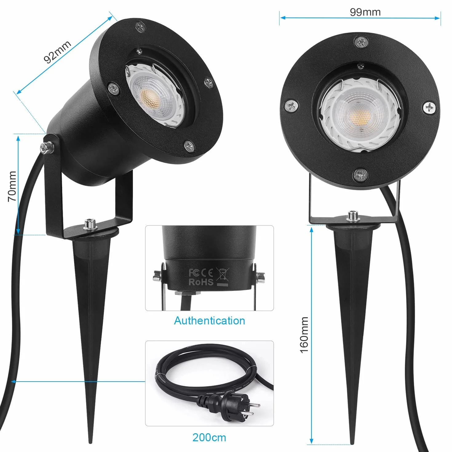 Lampa punktowa LED z słupkiem uziemiającym GU10, 7 W, ciepła biel, lampa zewnętrzna, metalowa, IP65, kabel 2 m z wtyczką do ogrodu, na taras, ścieżkę