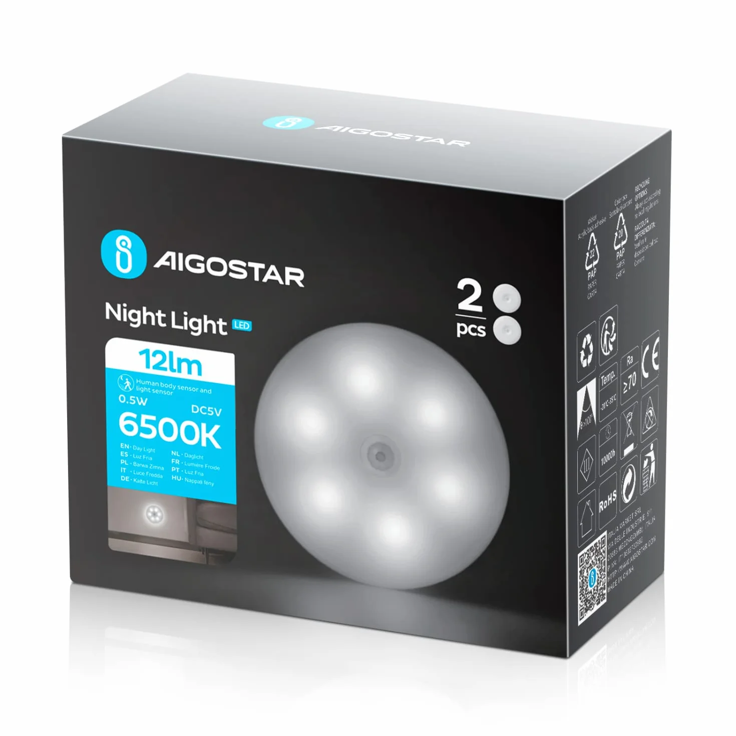 Aigostar 2 sztuki 6500K Magnetyczna lampka nocna LED z czujnikiem ruchu, ładowana przez USB, samoprzylepna lampka do szafy, lampka nocna 0,5 W do sypialni, korytarza, kuchni i schodów