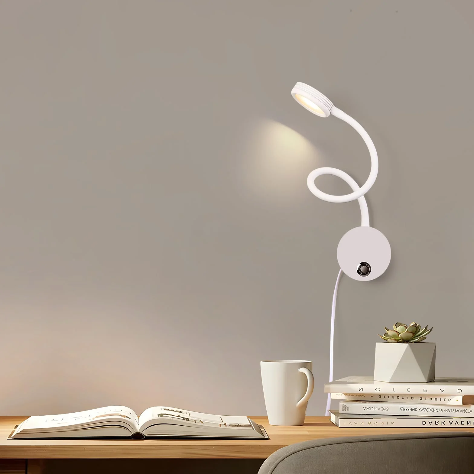 ERWEY LED Lampa ścienna Biała lampa do czytania ściana, lampa łóżkowa z przyciskiem dotykowym Regulowane światło 3000-6000K, elastyczna lampa gęsiej szyi 360° z USB do łóżka, sypialnia