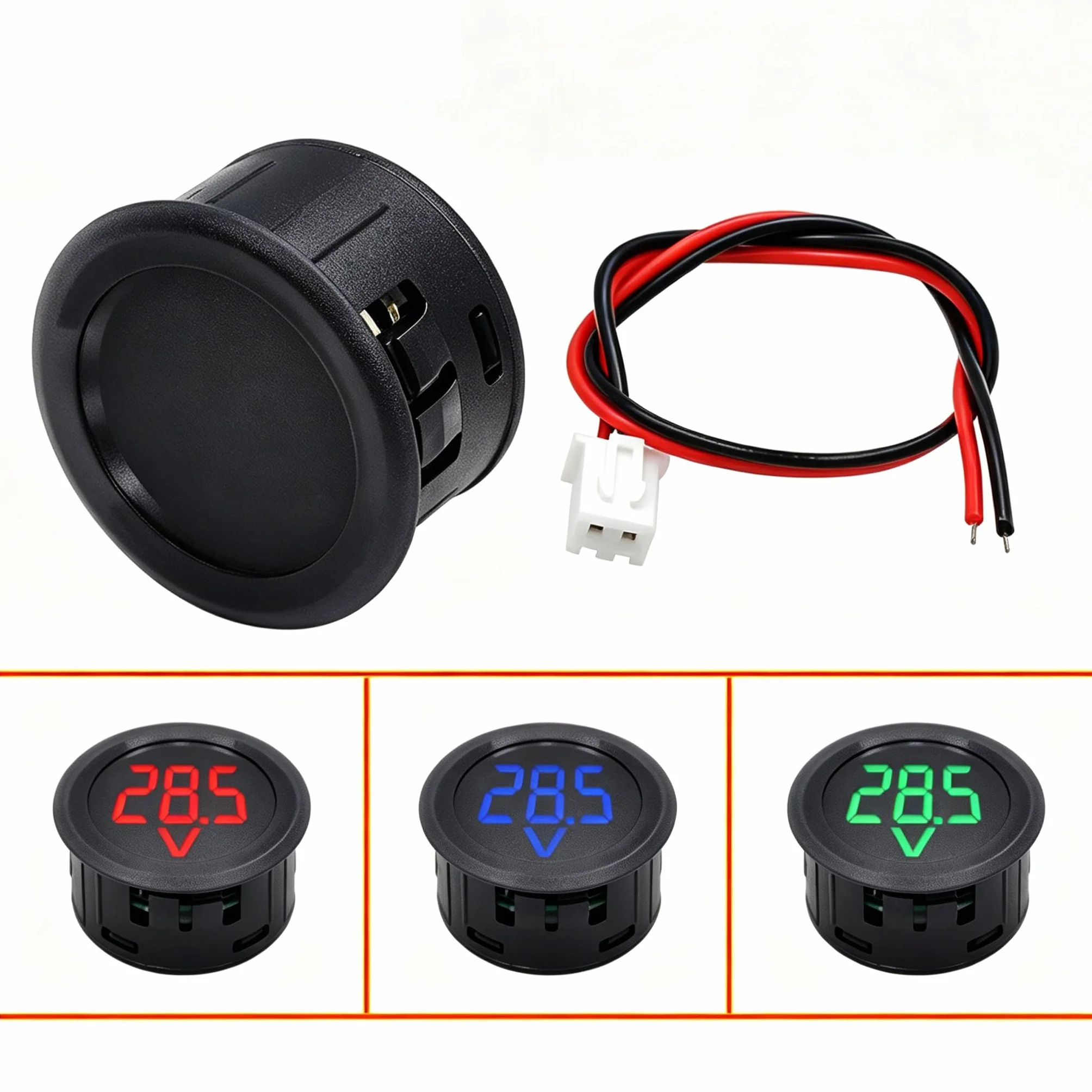 Cyfrowy woltomierz LED 4-100 V DC, okrągły miernik napięcia z wyświetlaczem LED, zestaw 3 szt. w kolorze czerwonym, niebieskim, zielonym