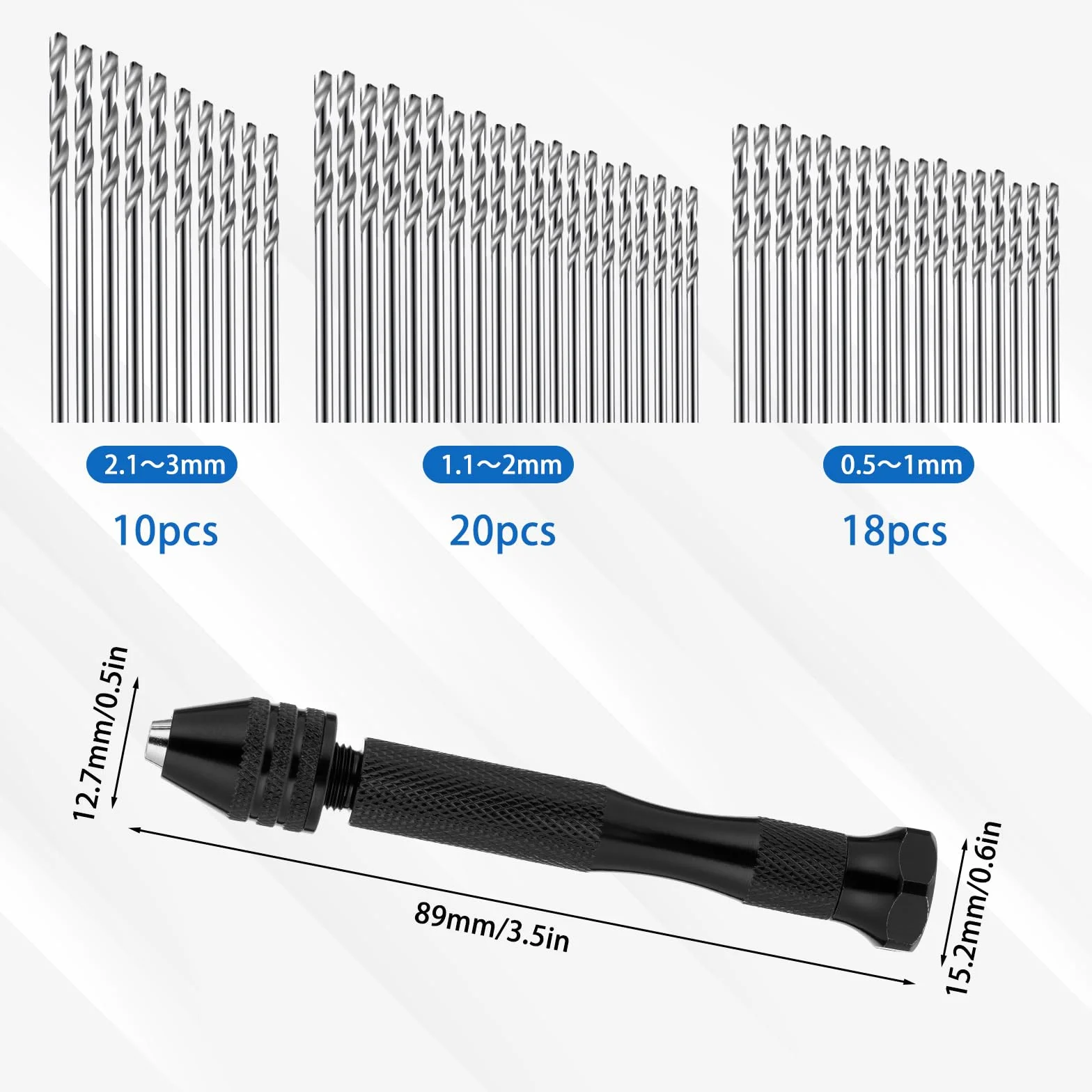 59 sztuk mini wiertarka ręczna Pin Vise z 48 wiertłami spiralnymi (0,5-3,0 mm) i 10 wiertłami z węglika wolframu, mini wiertarka do modelarstwa, mini wiertarka ręczna do robótek ręcznych dla DIY