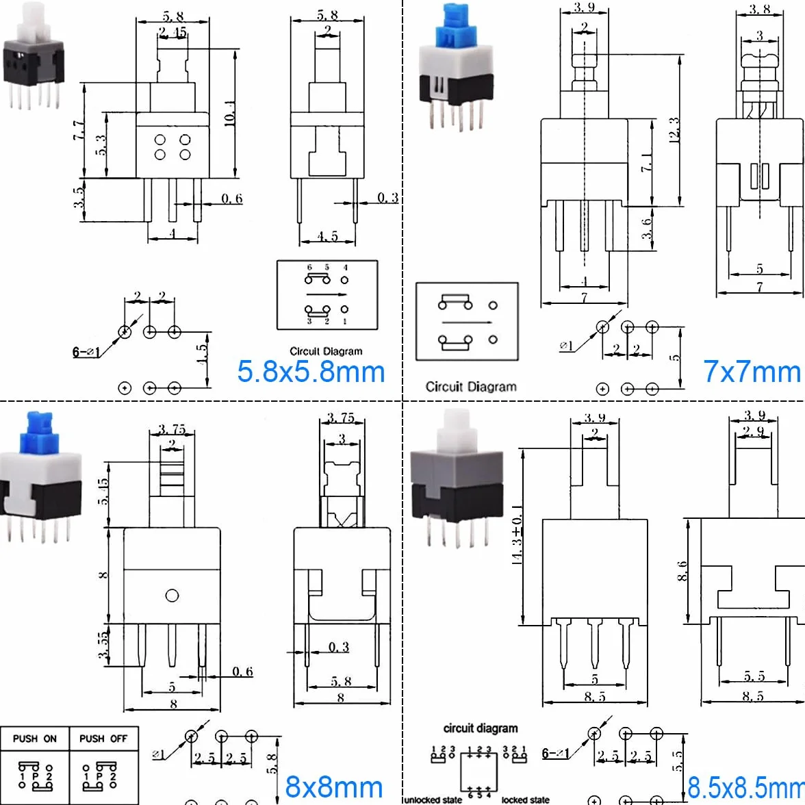 80 sztuk Mini przycisk samozamykający DPDT Zestaw przełącznika przyciskowego (8,5x8,5mm 8X8mm 7X7mm 5,8X5,8 mm) samoblokujący mikroprzycisk zasilania, z osłoną przełącznika