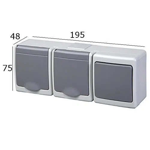 Podwójne gniazdko natynkowe z przełącznikiem, IP44, 16 A/250 V, Schuko, natynkowe, do wilgotnych pomieszczeń, gniazdko GR