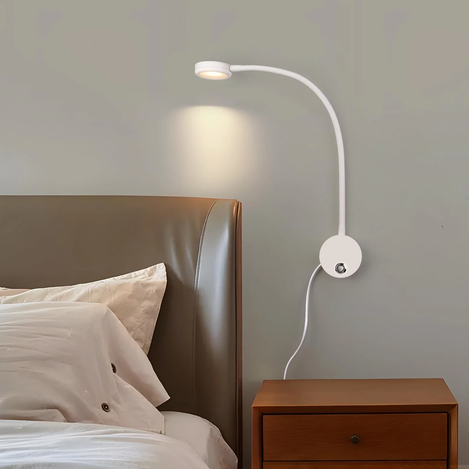 ERWEY LED Lampa ścienna Biała lampa do czytania ściana, lampa łóżkowa z przyciskiem dotykowym Regulowane światło 3000-6000K, elastyczna lampa gęsiej szyi 360° z USB do łóżka, sypialnia