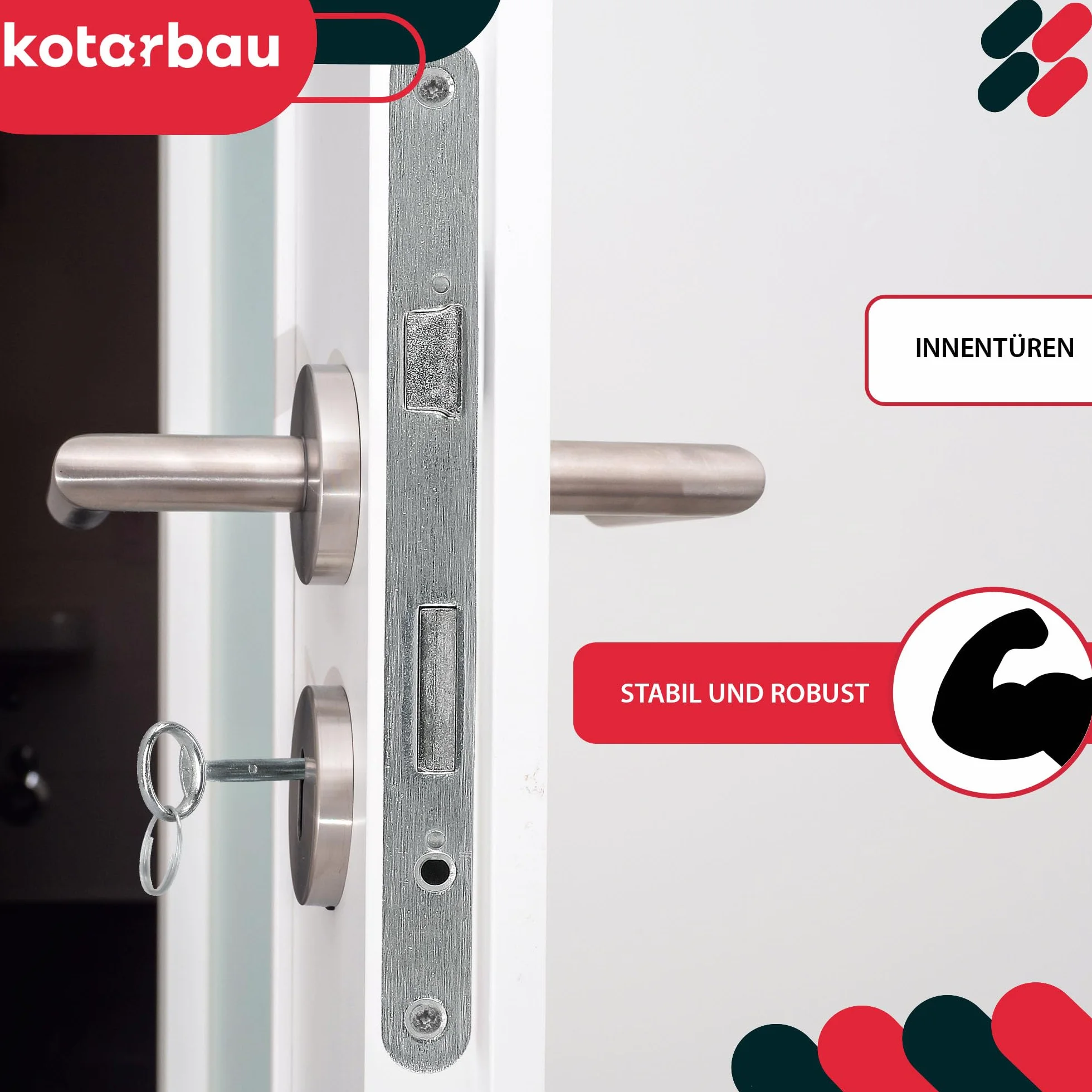 KOTARBAU® Zamek wpuszczany DIN lewy klucz kolorowy zamek do drzwi z płytką oporową stal najwyższa jakość nierdzewny wytrzymały zamek do drzwi stalowych 72/55 mm