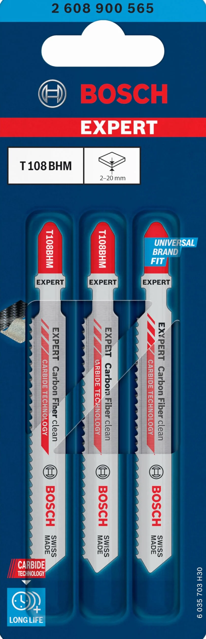 Bosch 3x Brzeszczot do wyrzynarki EXPERT Carbon Fiber Clean T108BHM (do Tworzywa włókniste GFK, CFK, Tworzywa włókniste GFK, CFK, Długość 92 mm, Professional Akcesoria Wyrzynarka)