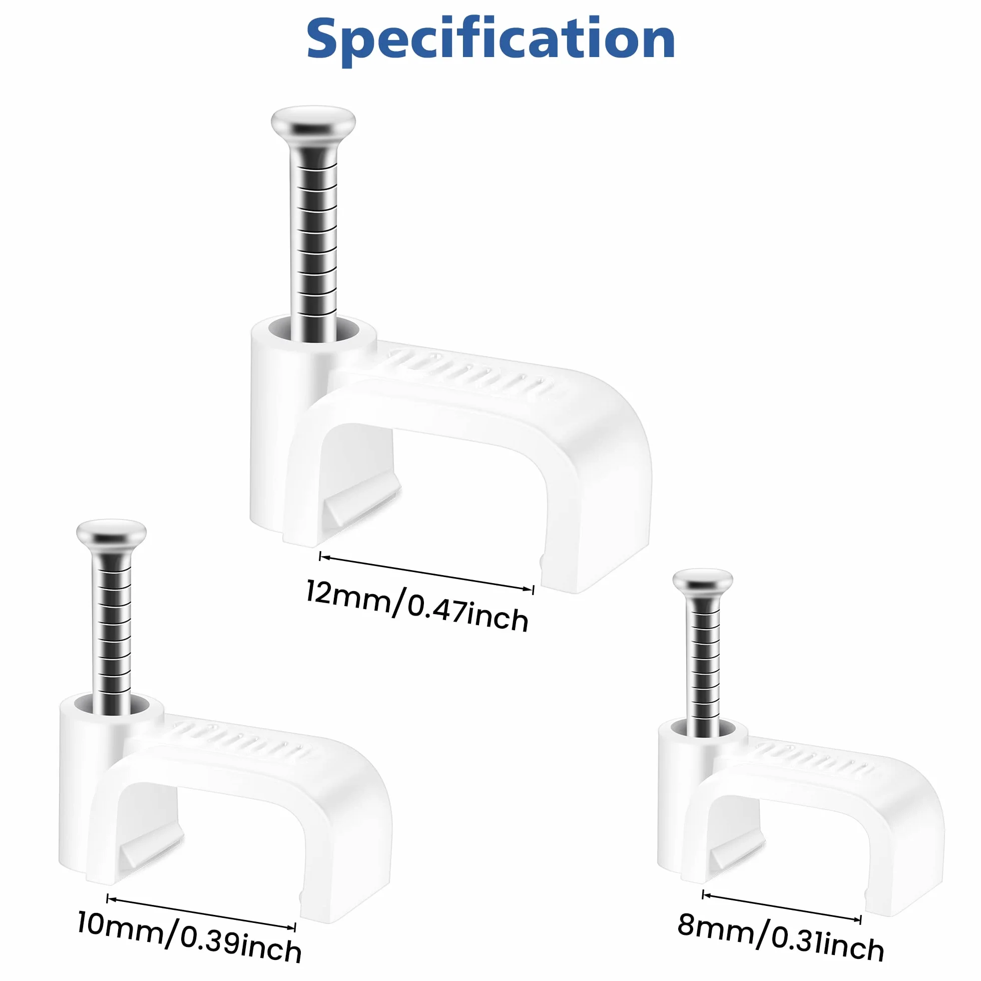 Białe płaskie klipsy do kabli Ethernet Cat6 Cat7 100 sztuk ze stalowym gwoździem 10 mm