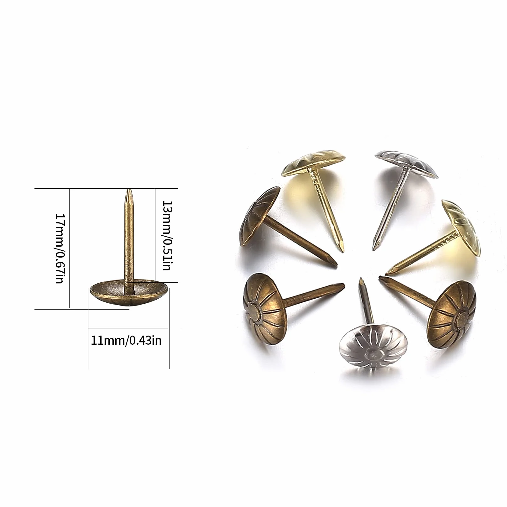 Gwoździe tapicerskie dekoracyjne 450 sztuk 11x17 mm brąz złote srebrne