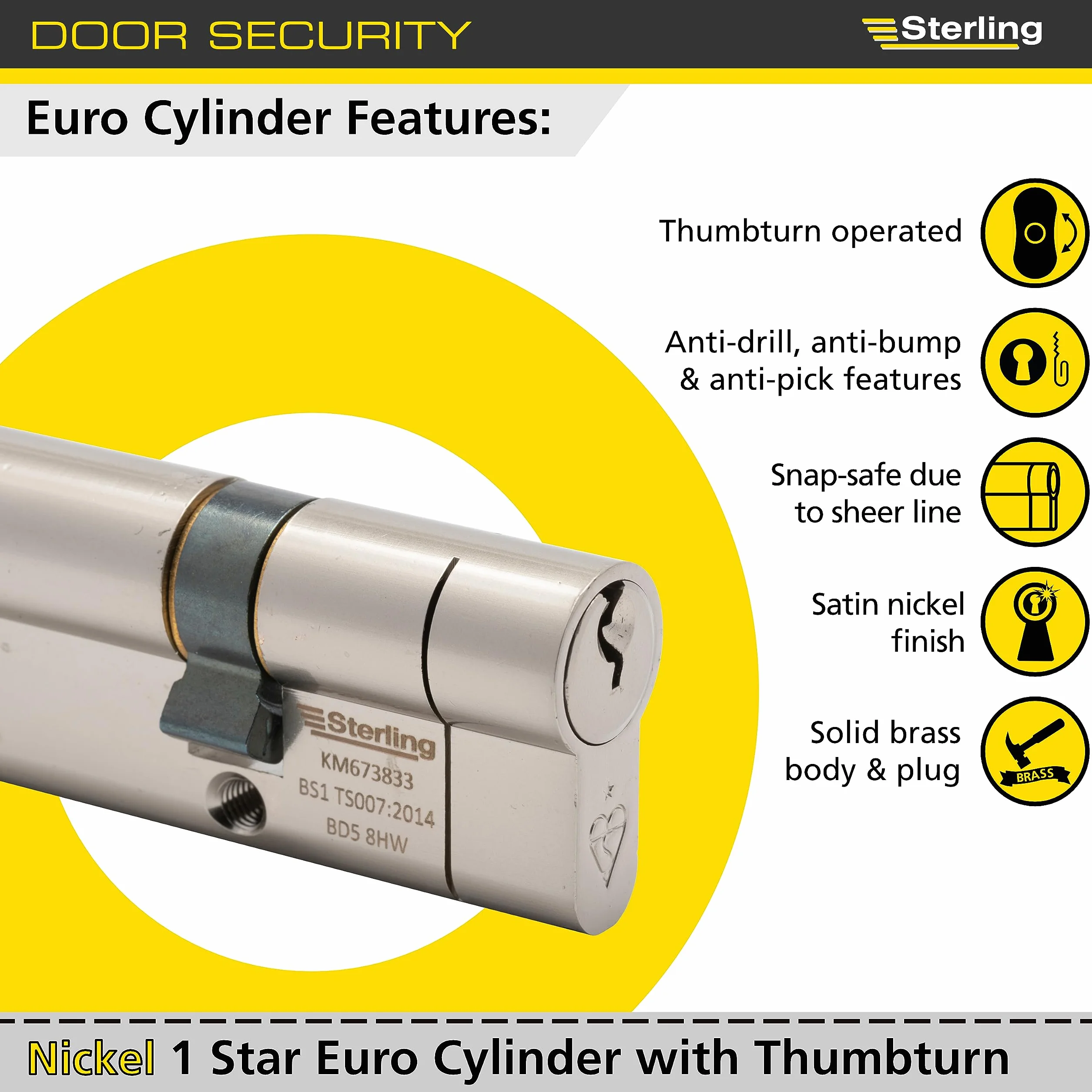 Sterling Int Ext BS1 ETN cylinder z gałką, satynowany nikiel, wewnątrz 35 mm, na zewnątrz 35 mm (łącznie 70 mm)