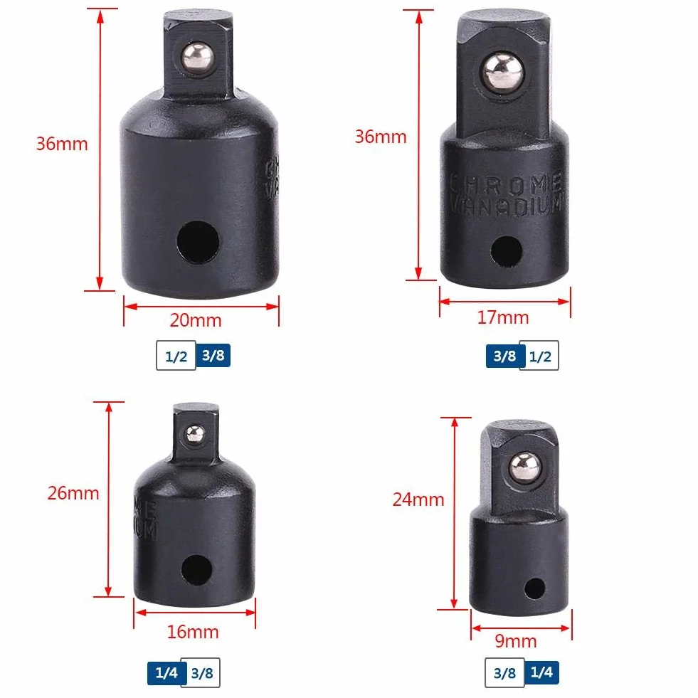 Steckdosen Reduzierer Set, 4-teilige Steckdosen Schraubendreher Konverter Set 1/2 ", 3/8", 1/4 "Steckschlüsseladapter Stecker auf Buchse 1/2" (M) - 3/8 "(F), 3/8" (M) - 1/4 "(F)