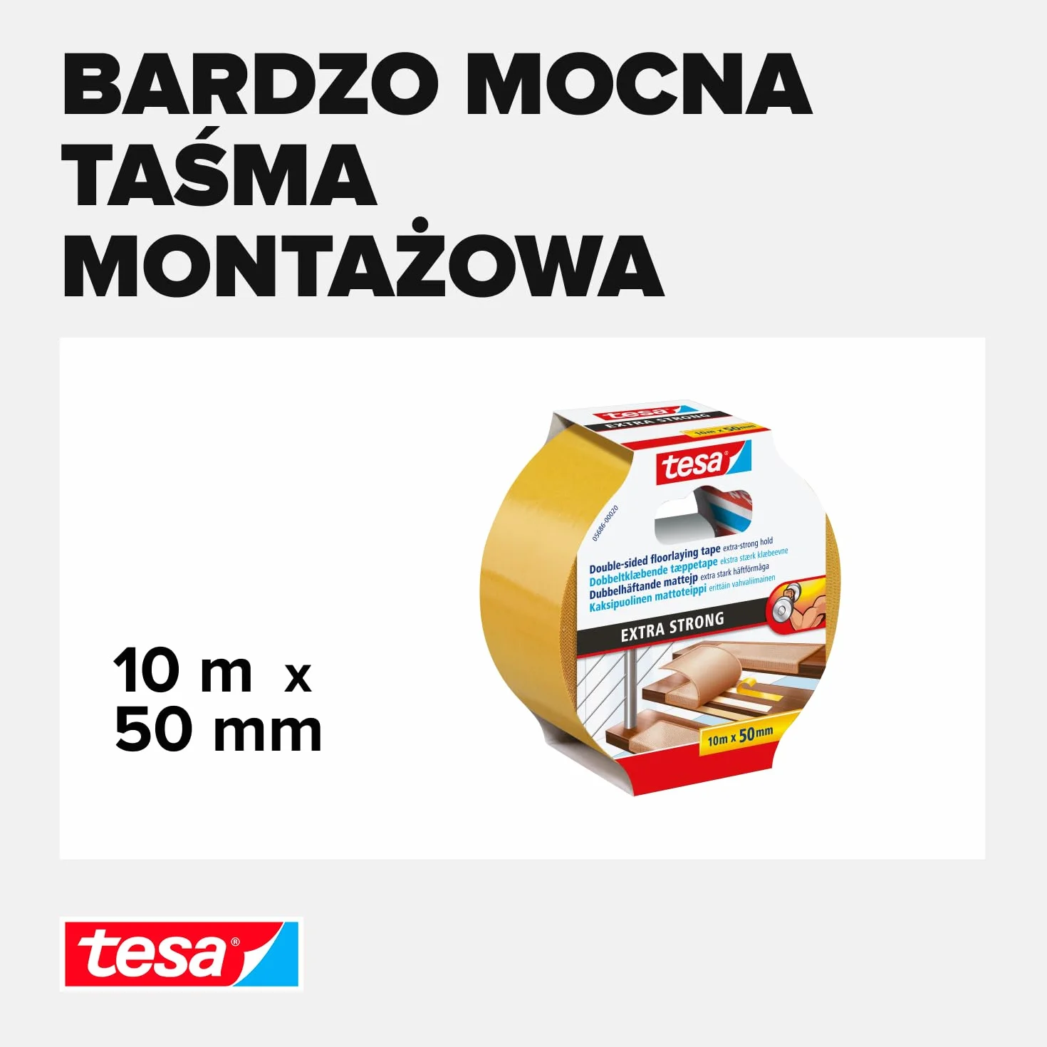 tesa® taśma montażowa extra strong - dwustronna taśma samoprzylepna do mocowania wykładzin dywanowych i PCV - dwustronnie klejąca - 10 m x 50 mm