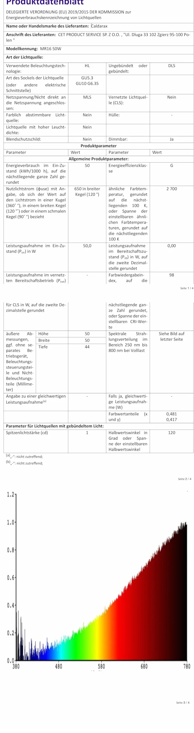 Caldarax Żarówka GU10 50W ściemnialna AC 230V 500lm ciepła biel 2800K MR16