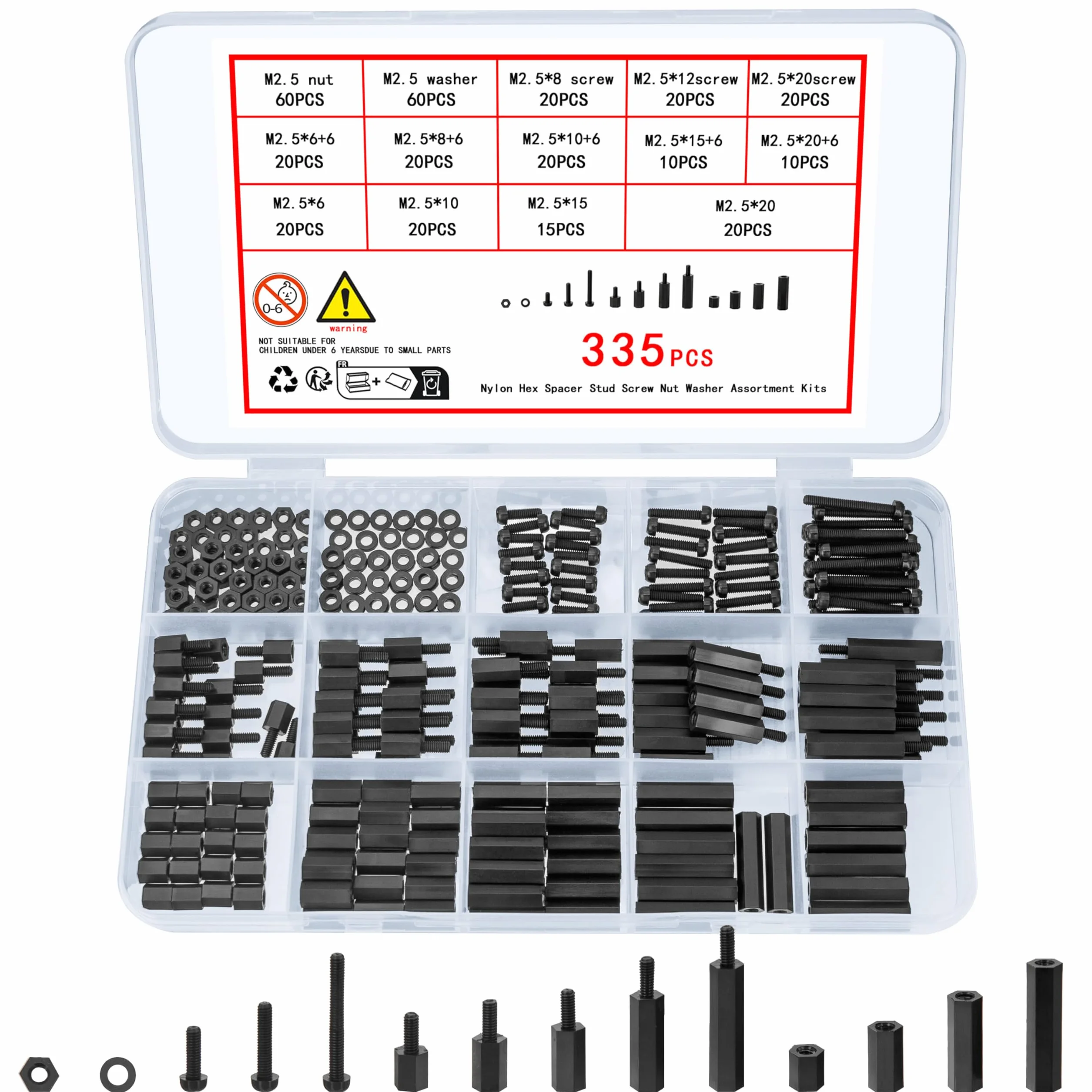Zestaw 335 sztuk nylonowych nakrętek M2,5, czarne, nylonowe, dystansowe, dla mężczyzn i kobiet, płytki PCB, elementy dystansowe, tworzywo sztuczne, śruby krzyżowe