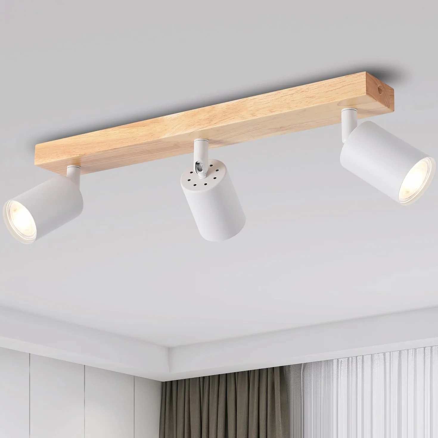 ANWIO Reflektor sufitowy LED, biały, drewno, 3 żarówki, lampa sufitowa GU10, lampa sufitowa LED, czarna, vintage, lampa ścienna do salonu, sypialni, kuchni, pokoju dziecięcego, bez źródła światła