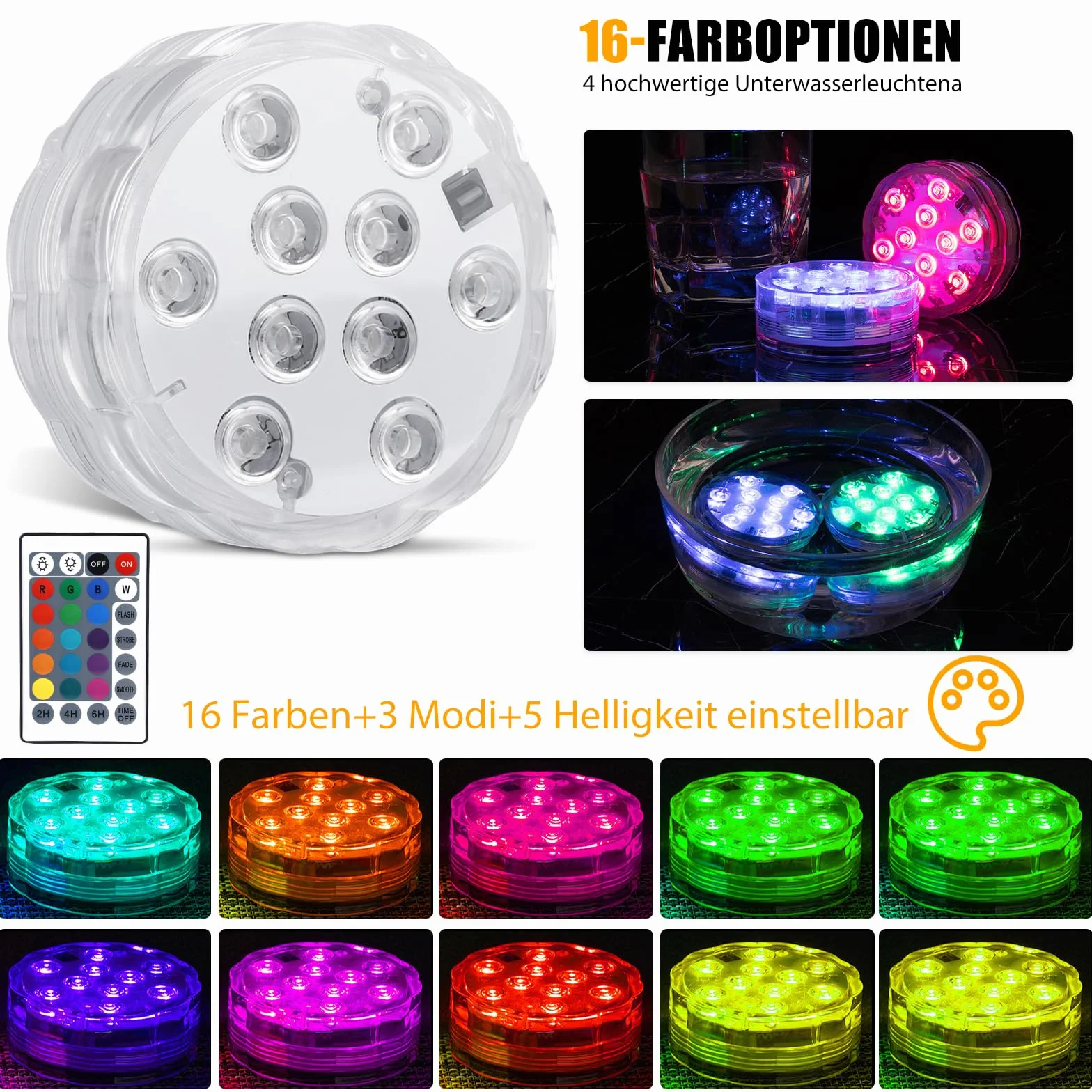 4 sztuki diod LED z pilotem zdalnego sterowania, zatapialne światło LED z pilotem zdalnego sterowania, wodoszczelne oświetlenie do akwarium, wazonu, spa, akwarium