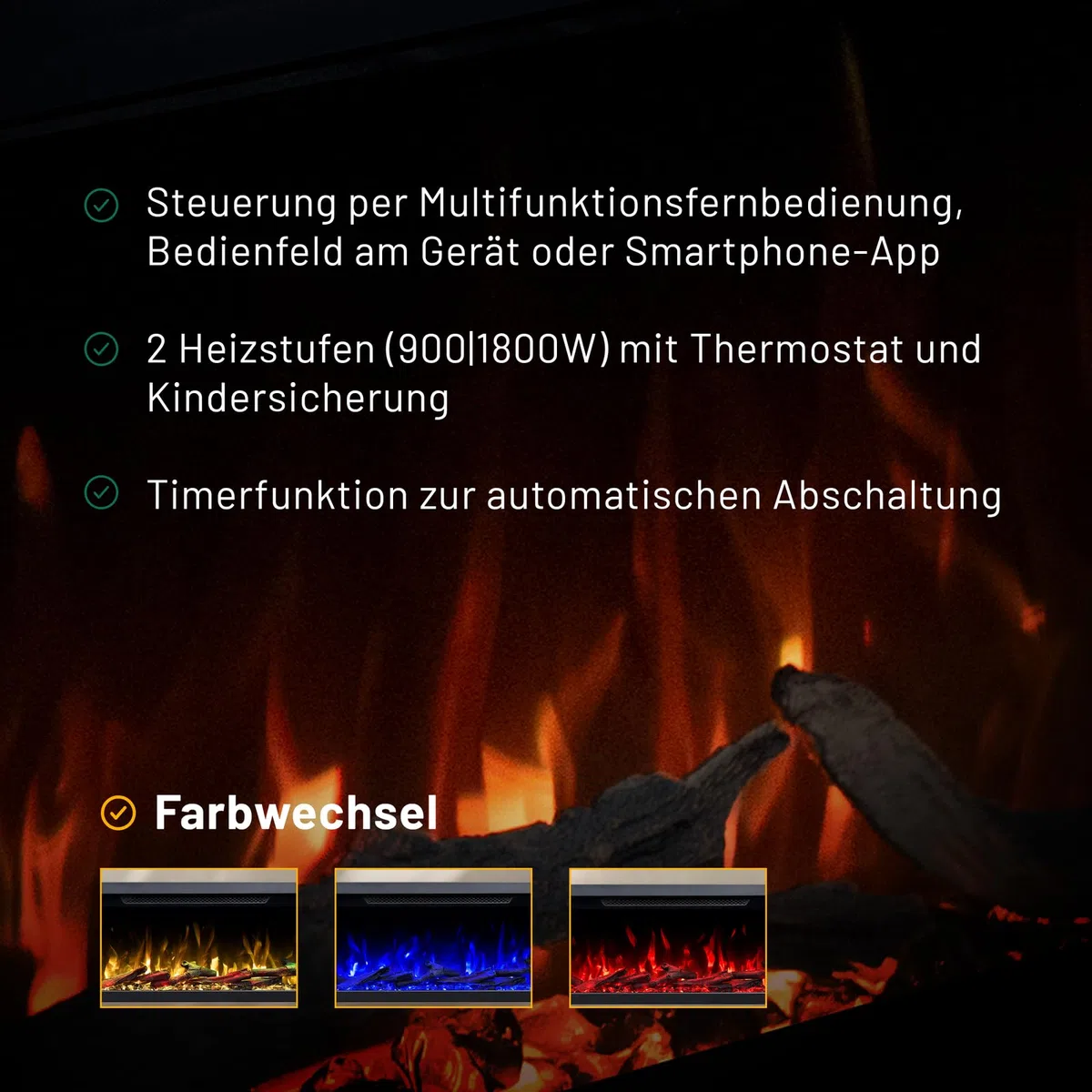 GLOW FIRE Kominek elektryczny Clear Wall z realistycznym ogniem LED 3D – ścienny kominek elektryczny z ogrzewaniem i ogniem, sterowanie za pomocą aplikacji, efekt trzaskania i timer, maks. 1800 W, 137