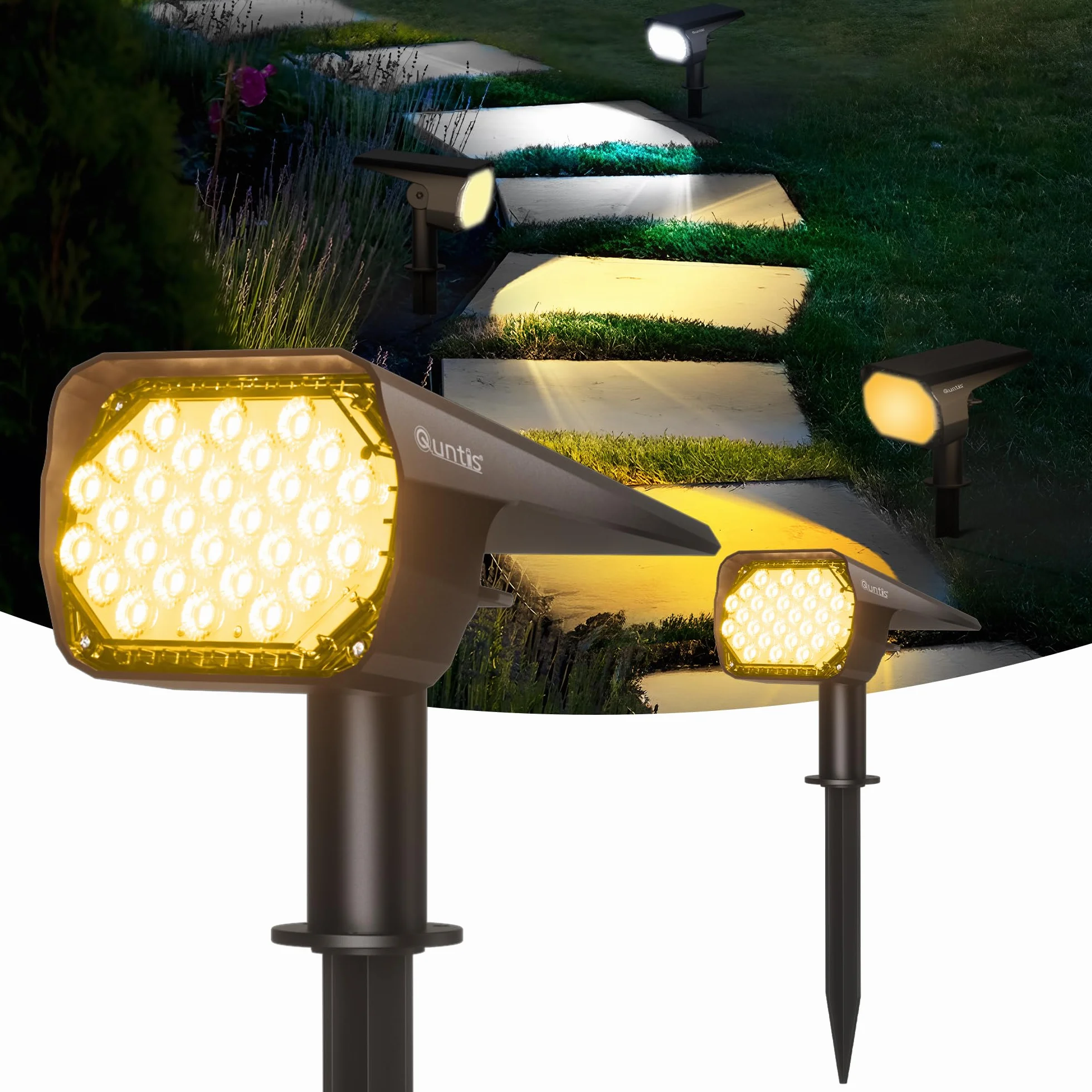 Quntis Zestaw 2 zewnętrznych lamp solarnych IP65 Wodoodporny USB C do ogrodu