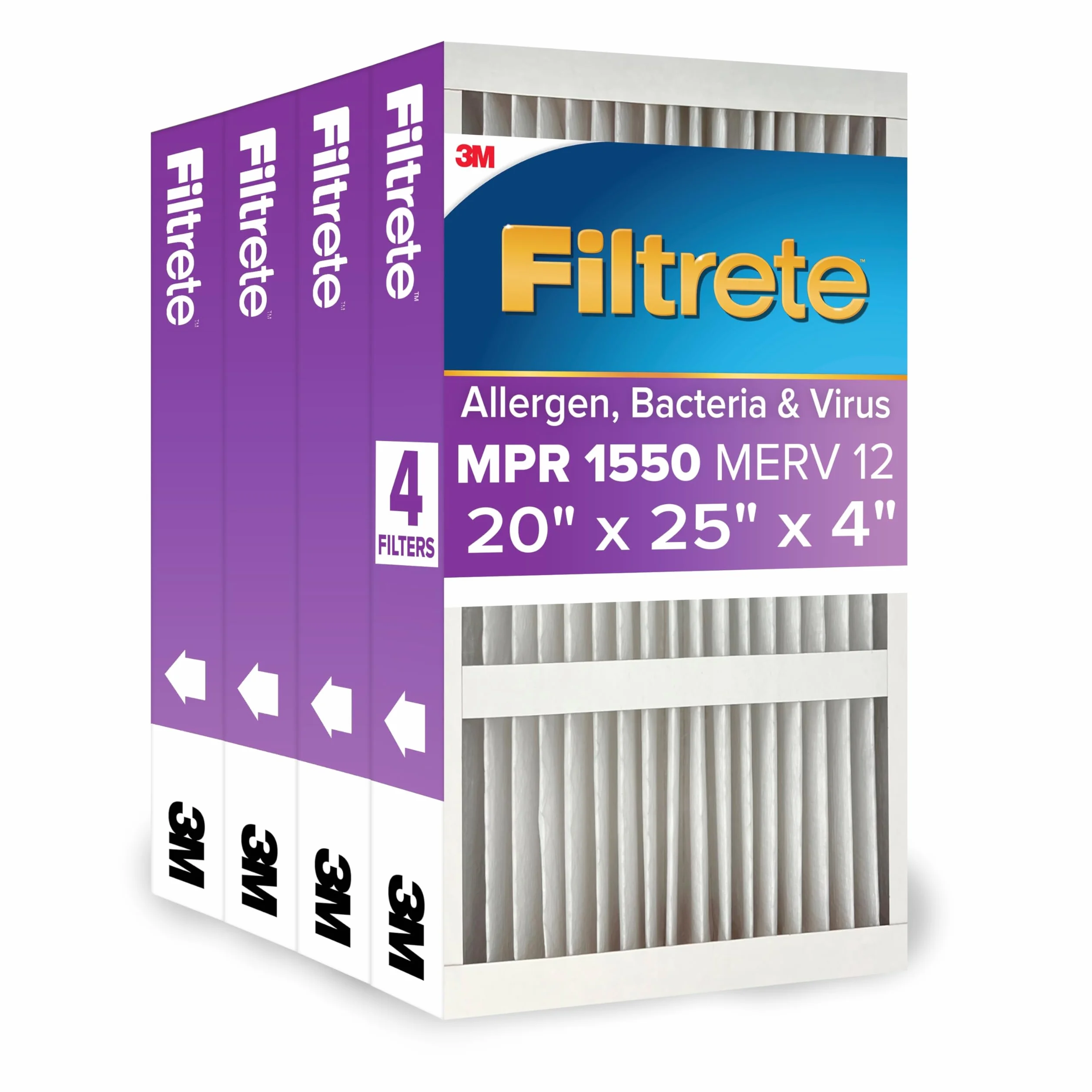 Filtrete Filtr powietrza, MPR 1550, MERV 12, zdrowy tryb życia, ultra alergeny, zdrowy tryb życia, 12-miesięczny, głęboko plisowany, 10 cali, 4 filtry powietrza