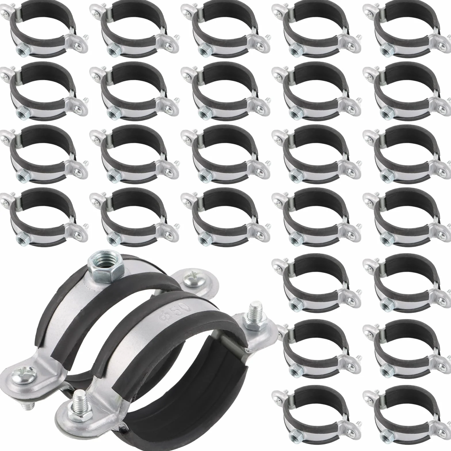 100 sztuk obejmy rurowe 50 mm-55 mm / 1,96"-2,16" obejmy rurowe stal ocynkowana z gumową wkładką, obejmy do rur ze stali nierdzewnej, obejmy do rur