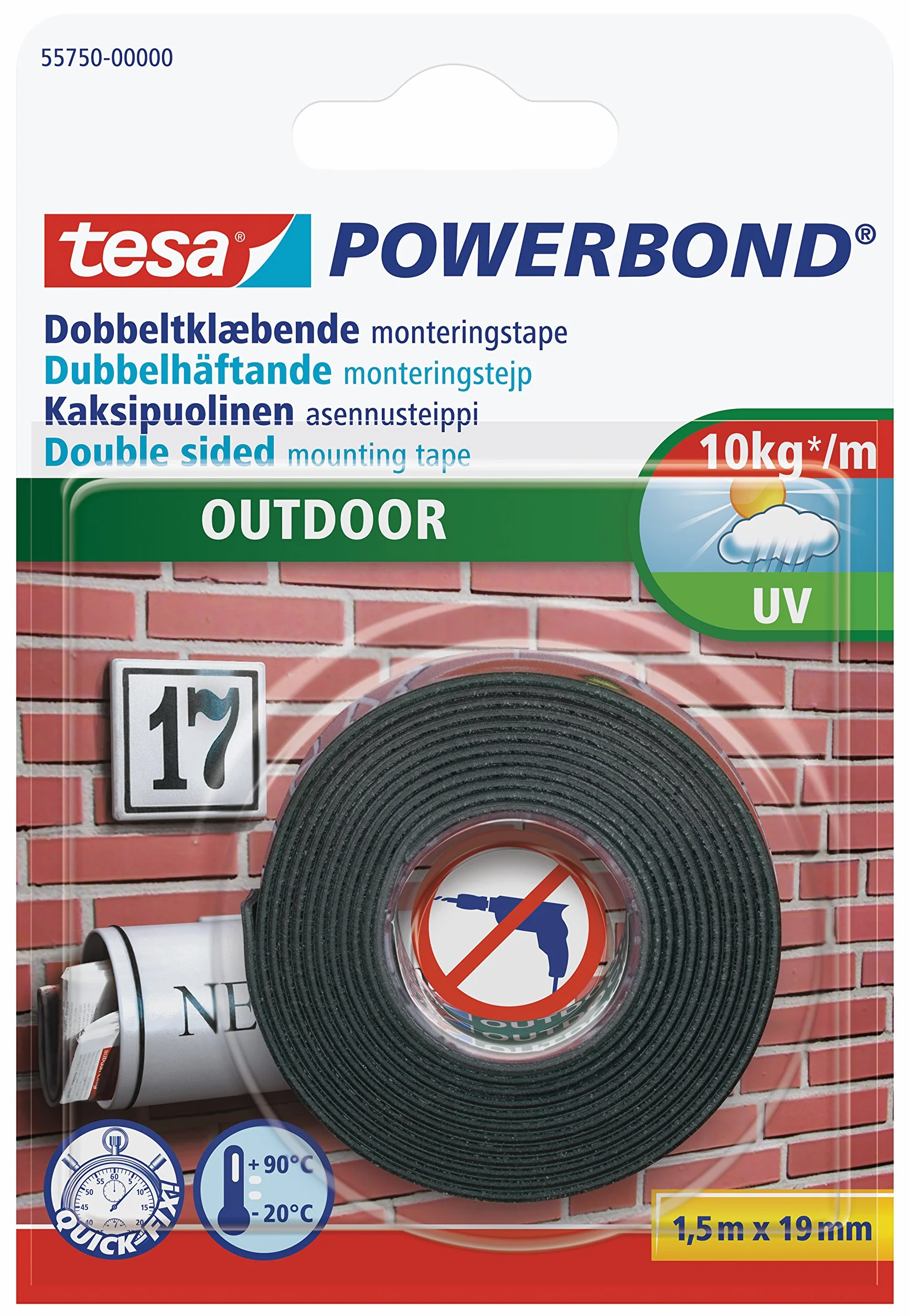 tesa Powerbond Outdoor dwustronna taśma montażowa 1,5 m x 19 mm UV wodoodporna nośność 1 kg