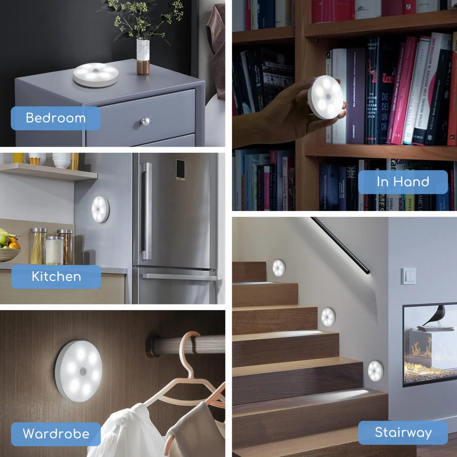 Aigostar 2 sztuki 6500K Magnetyczna lampka nocna LED z czujnikiem ruchu, ładowana przez USB, samoprzylepna lampka do szafy, lampka nocna 0,5 W do sypialni, korytarza, kuchni i schodów