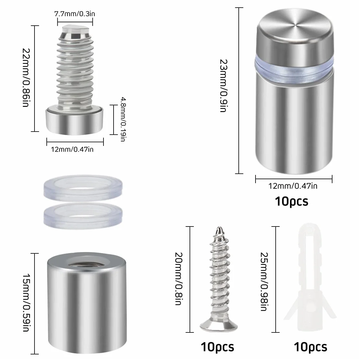 YIXISI 10 Sztuk 12×20 mm Wkręt Reklamowy ze Stali Nierdzewnej, Wkręty Dystansowe ze Stali Nierdzewnej, Wsporniki Ścienne Szklana Śruba, ze Śrubami, do Mocowania Reklam, Srebrny