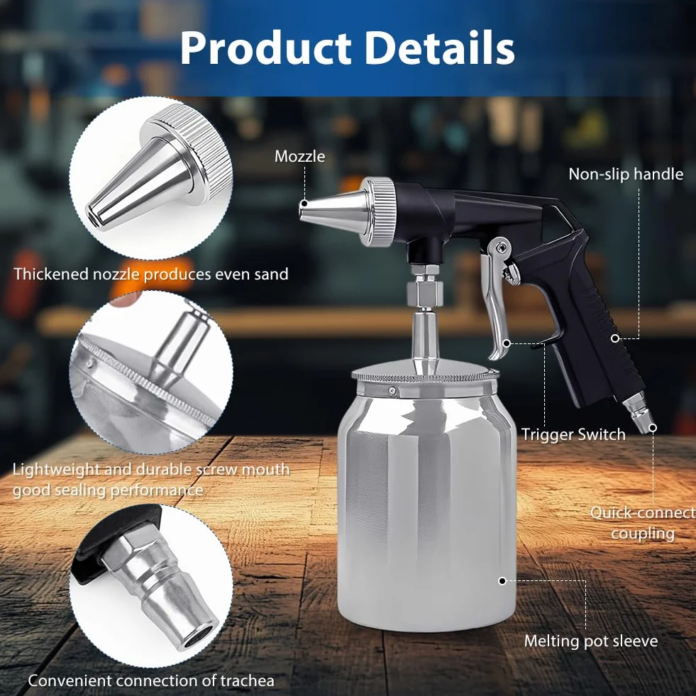 Pistolet do piaskowania sprężonego powietrza, ciśnienie robocze 6,2 bar, przenośne urządzenie do piaskowania, piaskarka, pojemność 1000 Cc, aluminiowy pistolet do piaskowania do polerowania