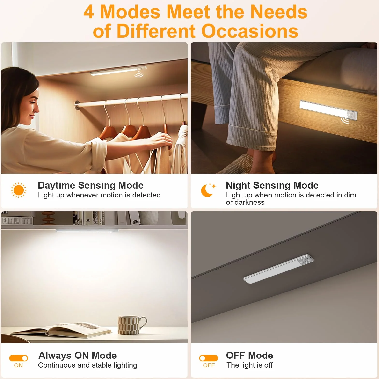 Gritin Lampa do szafy – 26 cm, 3 kolory i 5 poziomów jasności, 4 tryby, czujnik ruchu, trwała bateria 1800 mAh – łatwa instalacja, magnetyczna lampa do szafy – 2 sztuki