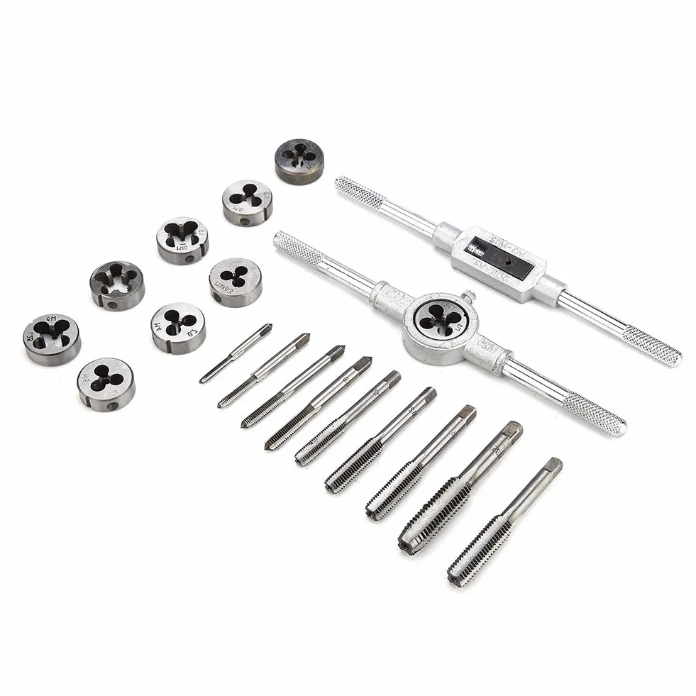 Kartki i matryce ustawione 20pcs M3 - M12 | Zestaw naprawy gwintu o wysokiej prędkości | Tap & Die Set do obróbki metalu/motoryzacyjnego/maszyny | 9 kranów 9 umiera z