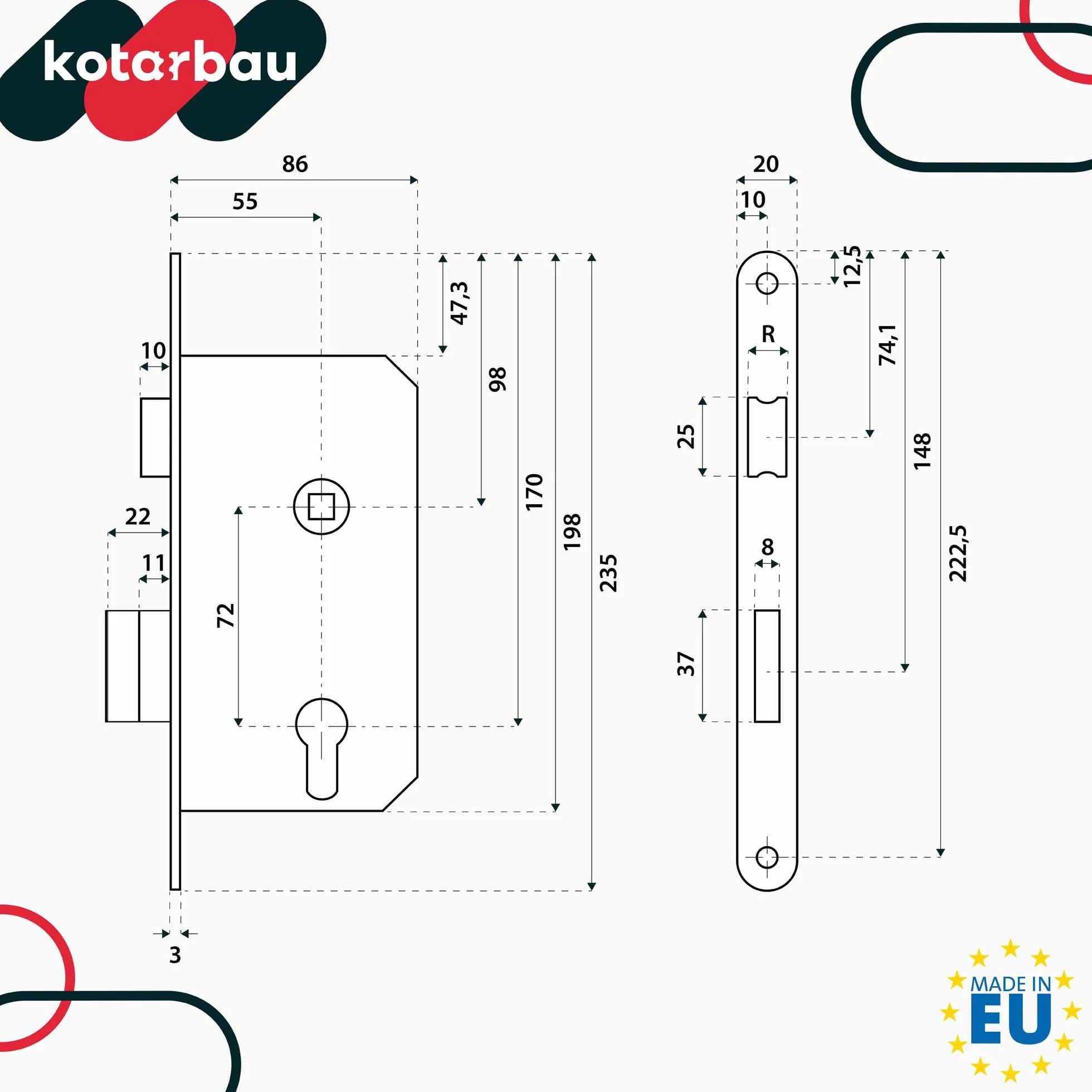 KOTARBAU® Zamek wpuszczany DIN lewy klucz kolorowy zamek do drzwi z płytką oporową stal najwyższa jakość nierdzewny wytrzymały zamek do drzwi stalowych 72/55 mm