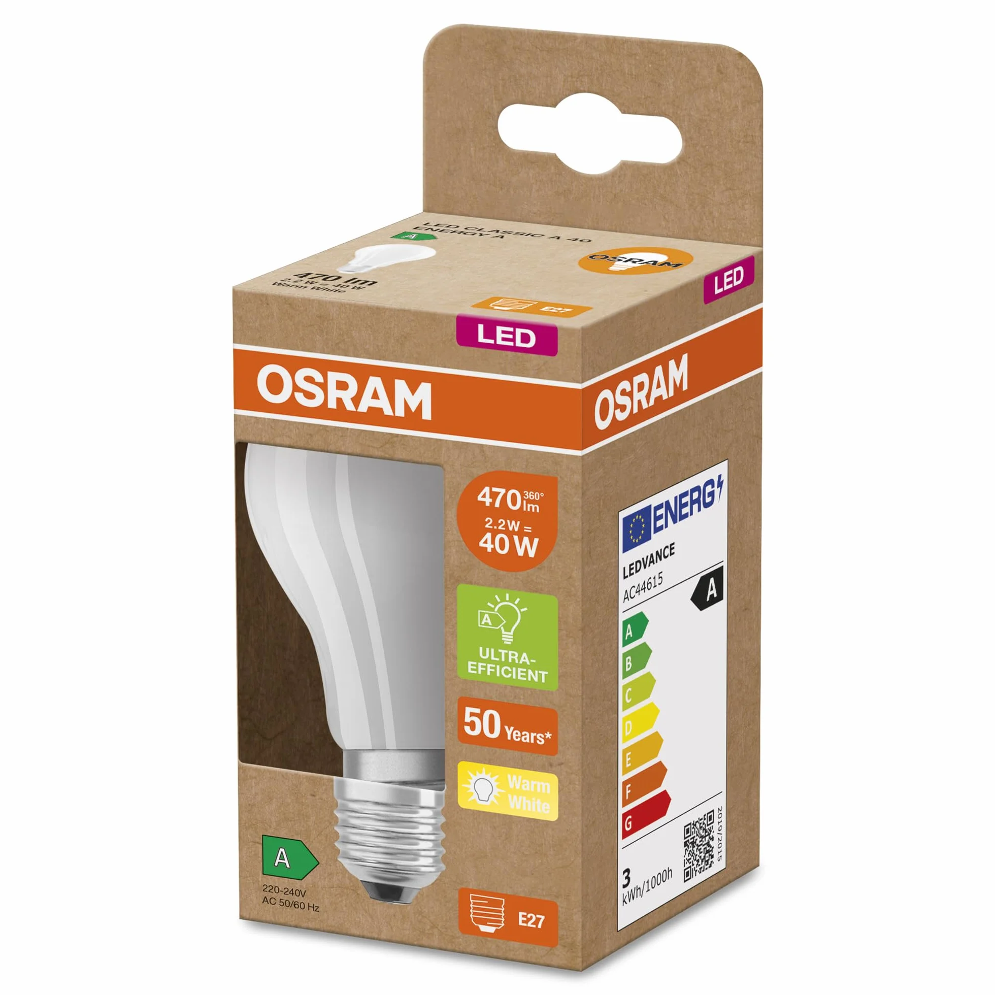 OSRAM LED lampa Energooszczędna, Żarówka Matowa, E27, Ciepła Biel 3000K, 2,5 W, Zastępuje Żarówkę 40W, Energooszczędna, 1 szt