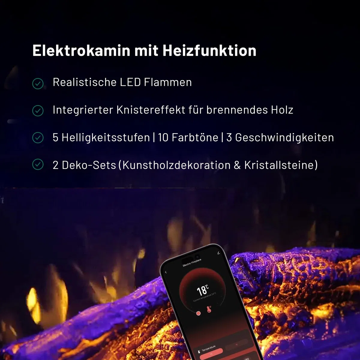 GLOW FIRE Kominek elektryczny Clear Wall z realistycznym ogniem LED 3D – ścienny kominek elektryczny z ogrzewaniem i ogniem, sterowanie za pomocą aplikacji, efekt trzaskania i timer, maks. 1800 W, 137