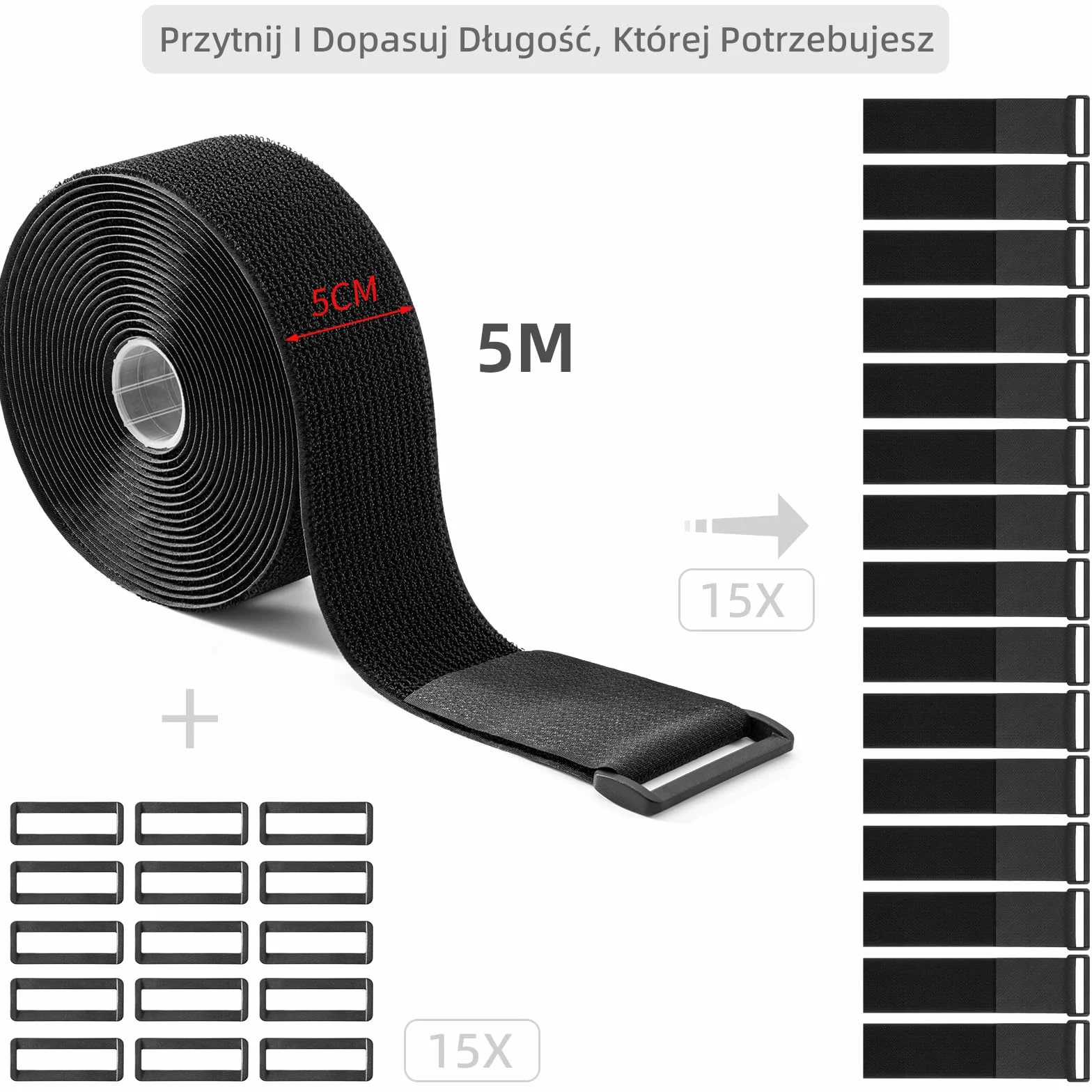 Trilancer Pasek na Rzep o Wysokiej Wytrzymałości 5CM x 5M z 15 Klamrami – Regulowany, Docinany na Wymiar, Wielokrotnego Użytku do Mocowania Kabli, Węży, Rur i Nie Tylko