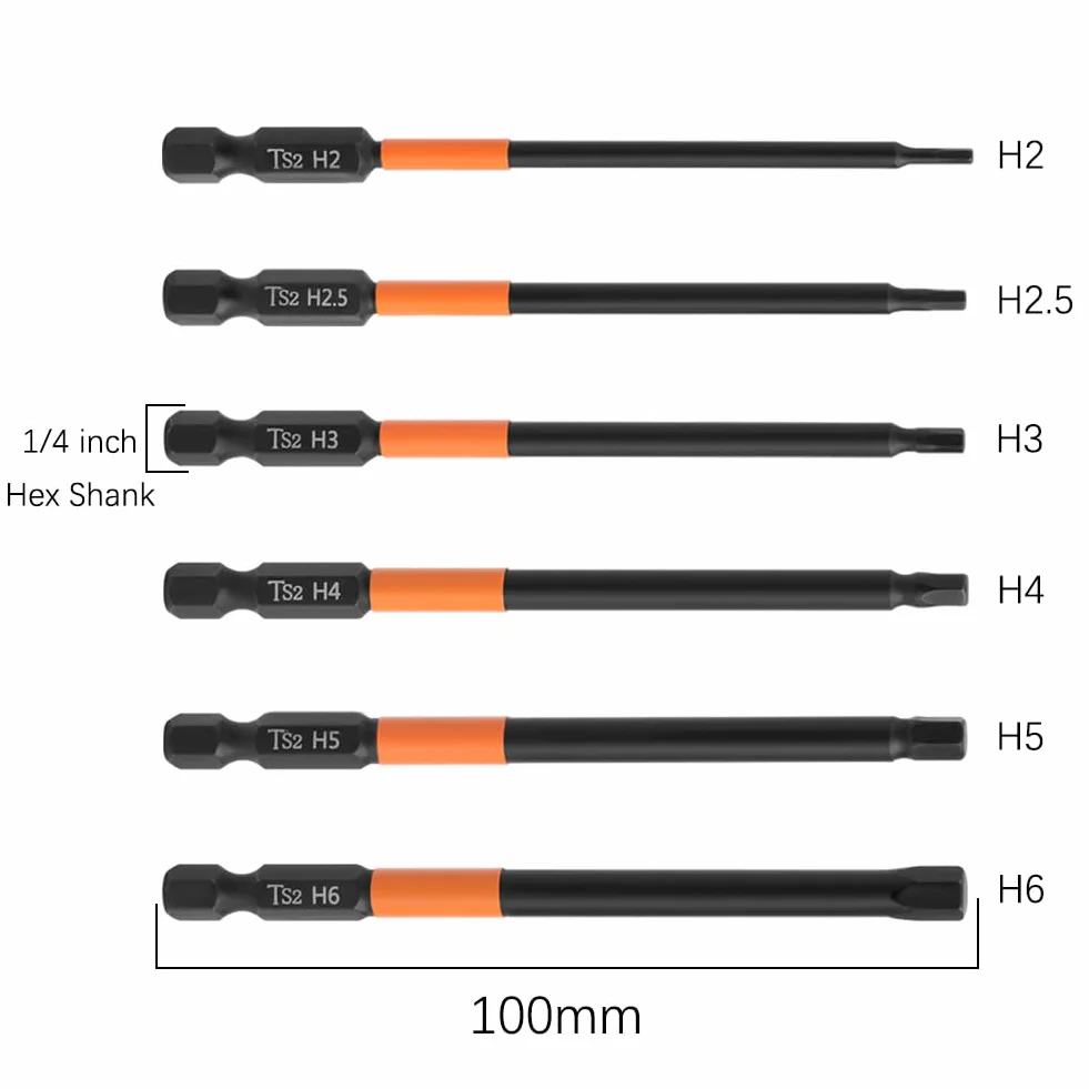 6 sztuk 100 mm zestaw bitów magnetycznych z łbem sześciokątnym 1/4 cala, trzpień sześciokątny, zestaw bitów S2, stal Hex, zestaw bitów sześciokątnych (H2/H2.5/H3/H4/H5/H6)