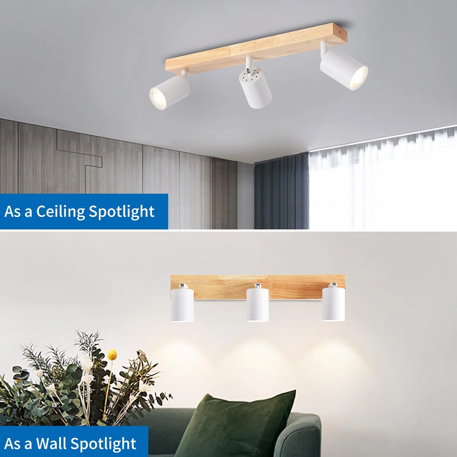 ANWIO Reflektor sufitowy LED, biały, drewno, 3 żarówki, lampa sufitowa GU10, lampa sufitowa LED, czarna, vintage, lampa ścienna do salonu, sypialni, kuchni, pokoju dziecięcego, bez źródła światła
