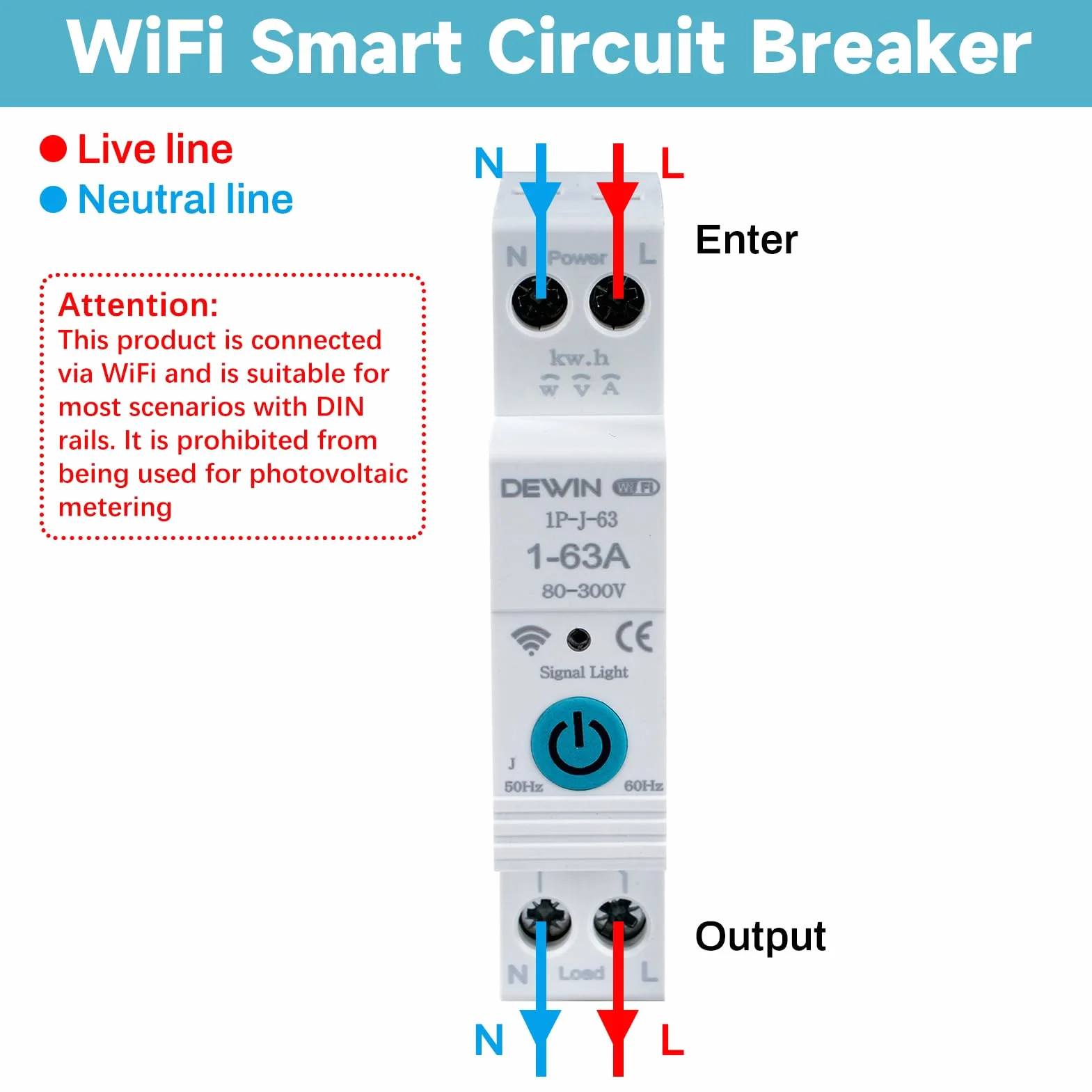 DEWIN Tuya WiFi inteligentny wyłącznik obwodu 1P 63A AC 220V z pomiarem mocy