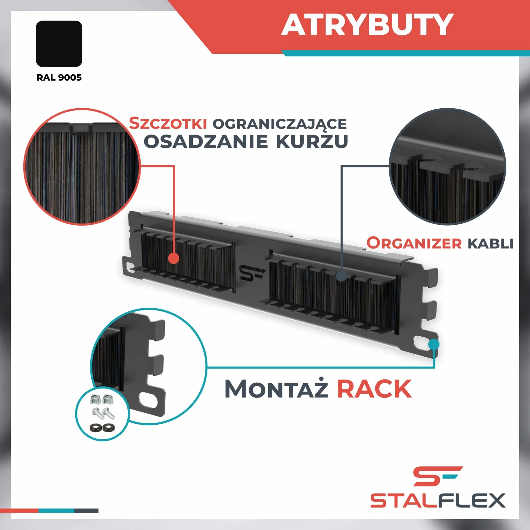 Przepust Szczotkowy Professional Rack 10 cali 1U, Metal, Czarny | Listwa do Prowadzenia Kabli z Organizerem Kabli Panel Szczotkowy Serwery Rack 10 cali