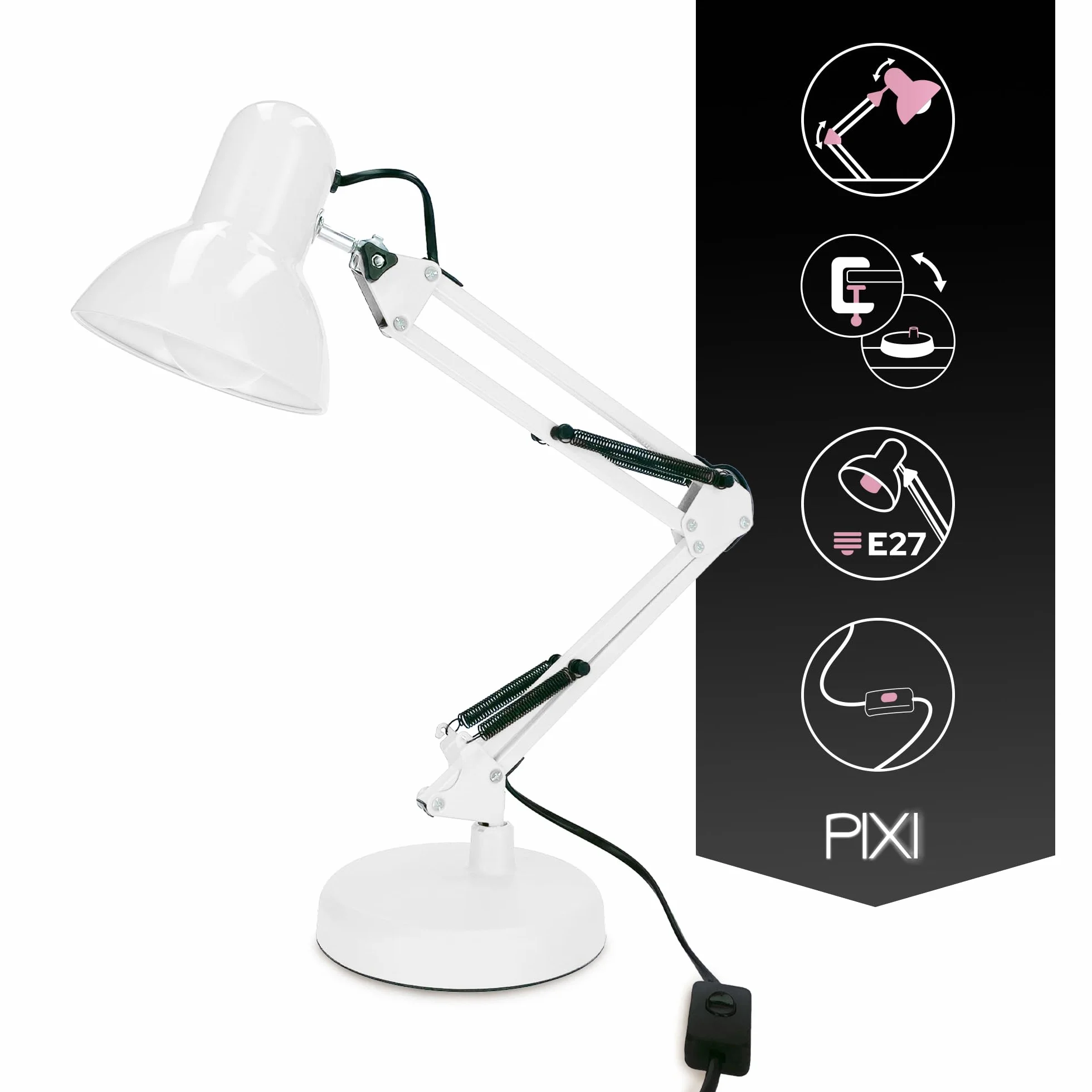 EDO, Lampka biurkowa PIXI WHITE E27 Lampa biurkowa w stylu retro, lampka do czytania, lampa biurkowa dla dzieci, regulowane ramię, czarny klips do podstawy, biała, ramię przegubowe, EDO777536