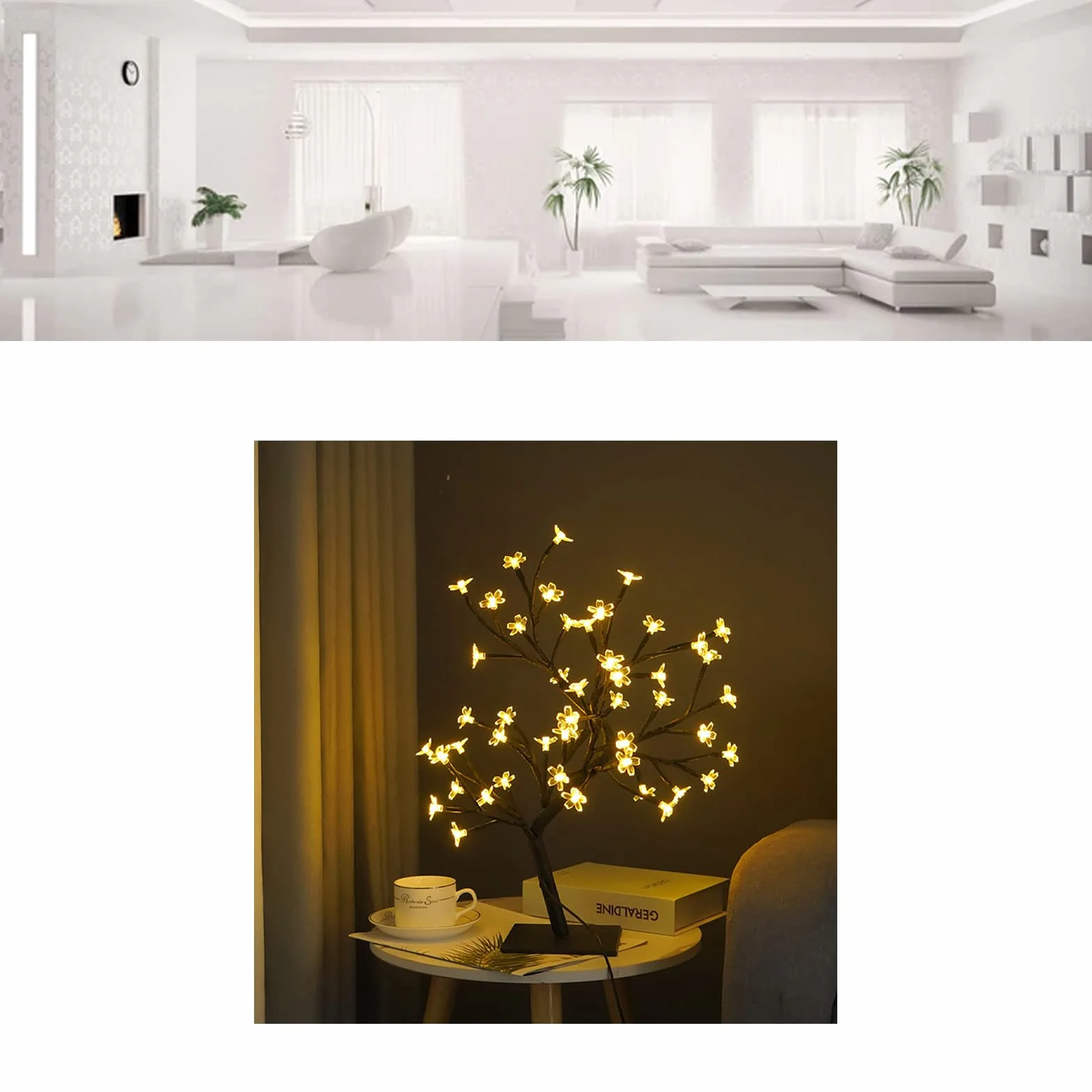 Lampka Stołowa LED w Kształcie Drzewa Bonsai USB Lampka w Kształcie Drzewa Świąteczna Dekoracja Sypialni Lampka Nocna na stół (Czarny 48 świateł)