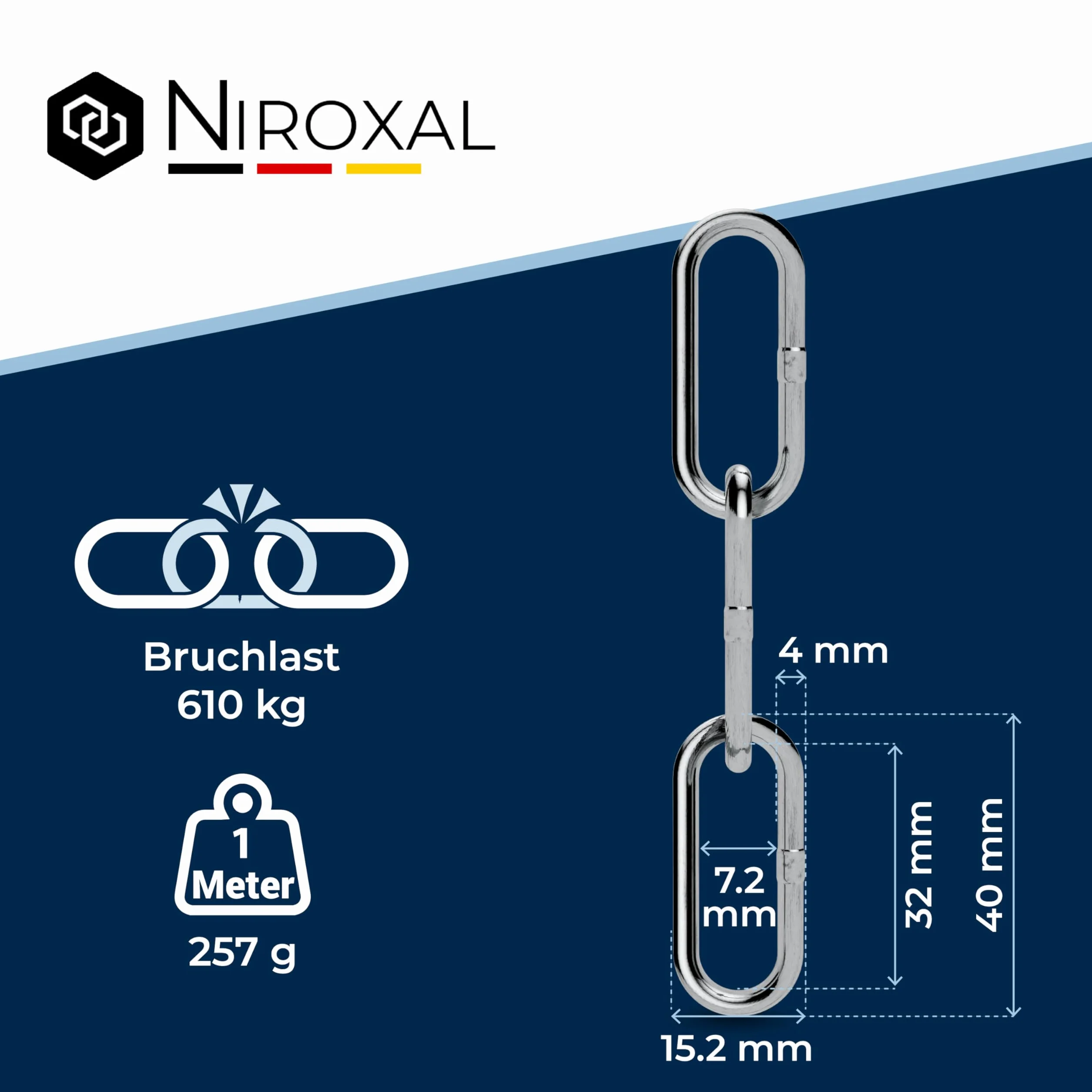 NietFullThings łańcuch ze stali nierdzewnej V4A, długie ogniwa, wiele długości i grubości, łańcuch kotwiczny, DIN 5685 DIN 763, towar sprzedawany na metry, nierdzewny łańcuch ogniwowy Niro Inox, łańcuch zabezpieczający, łańcuch do mocowania boi wielokolor
