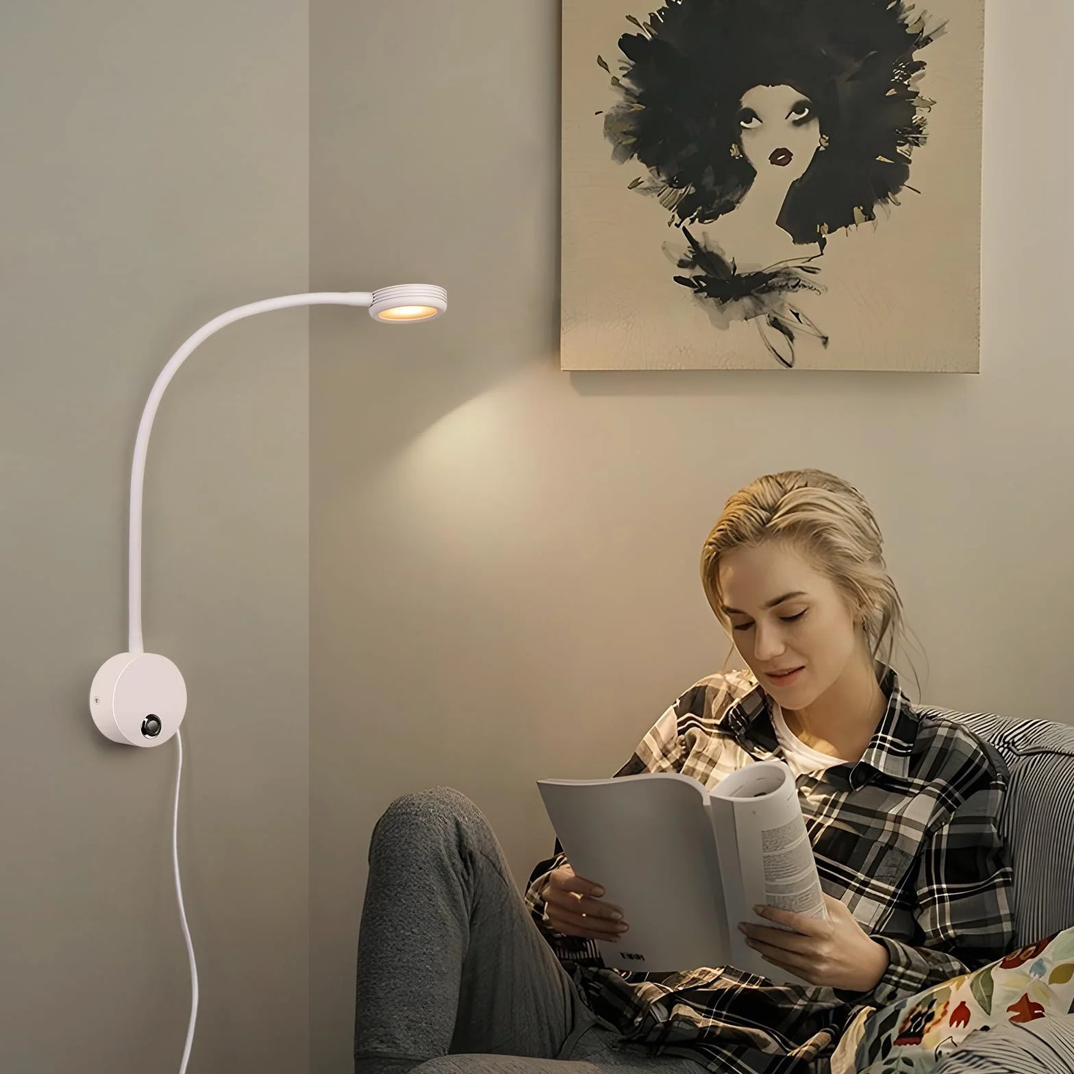 ERWEY LED Lampa ścienna Biała lampa do czytania ściana, lampa łóżkowa z przyciskiem dotykowym Regulowane światło 3000-6000K, elastyczna lampa gęsiej szyi 360° z USB do łóżka, sypialnia