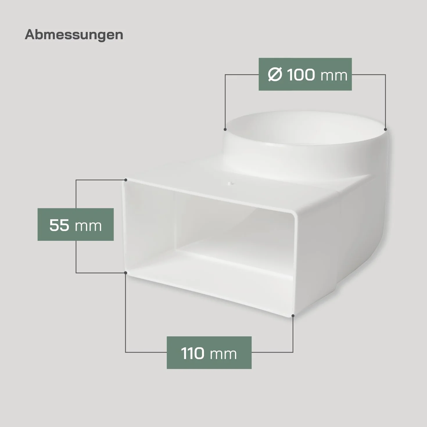 Vent Systems 220 x 55 mm do Ø 100 mm, adapter kątowy 90° – białe tworzywo sztuczne łącznik rurowy prostokątny do okrągłego – odporny na wysokie temperatury, hermetyczne przejście do kuchni, łazienki