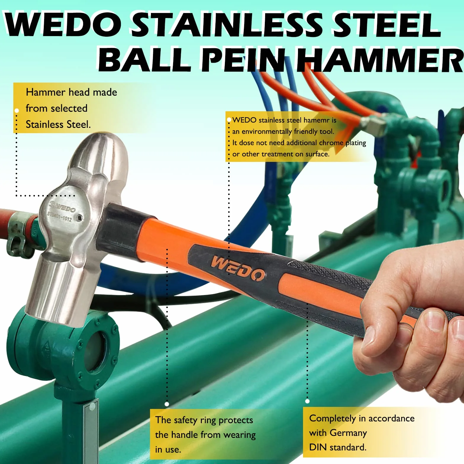 WEDO Zestaw narzędzi ze stali nierdzewnej, podwójny klucz płaski, 9-częściowy, klucz nastawny 250 mm, szczypce kombinowane 20 cm, szczypce igłowe 20 cm, śrubokręt płaski, śrubokręt krzyżakowy, młotek
