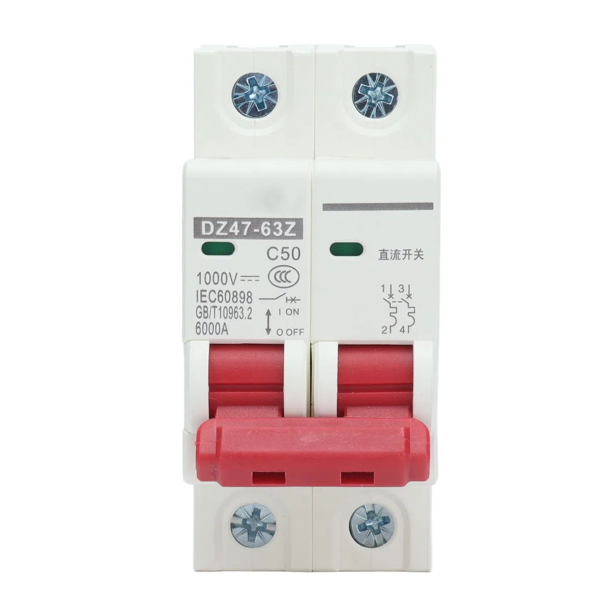 Yosoo Health Gear Miniaturowy Wyłącznik Automatyczny DC, 2P Izolator Systemu Fotowoltaicznego do Montażu na Szynie DIN, 1000 V 50 A, DZ47-63Z C50 Przeciążenie i Zwarcie dla Systemów DC
