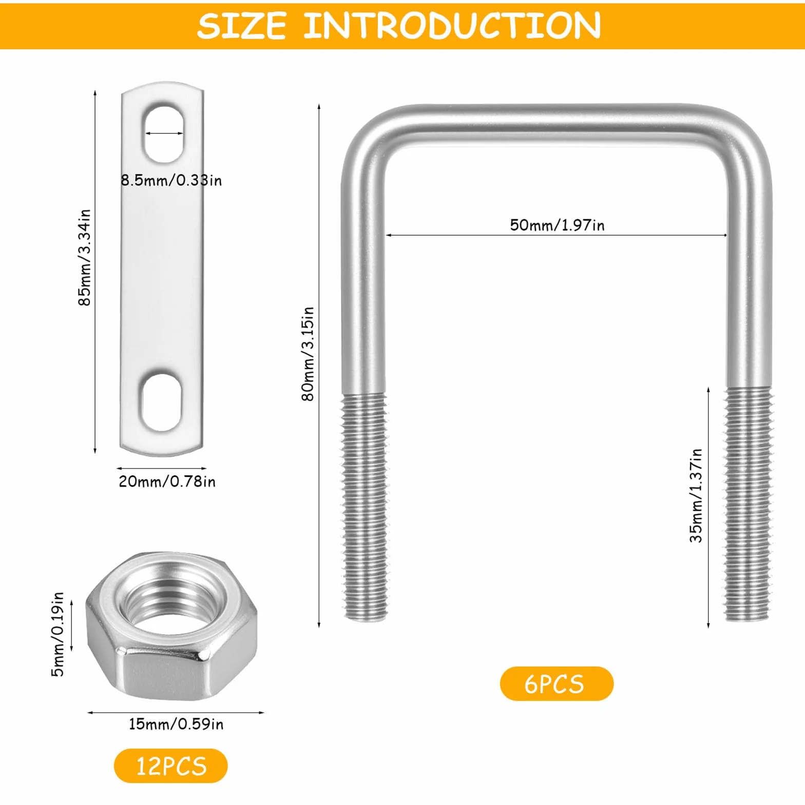 U Bolt M8 50x80 mm ze stali nierdzewnej, metalowe zaciski U z nakrętkami i podkładkami do mocowania rur