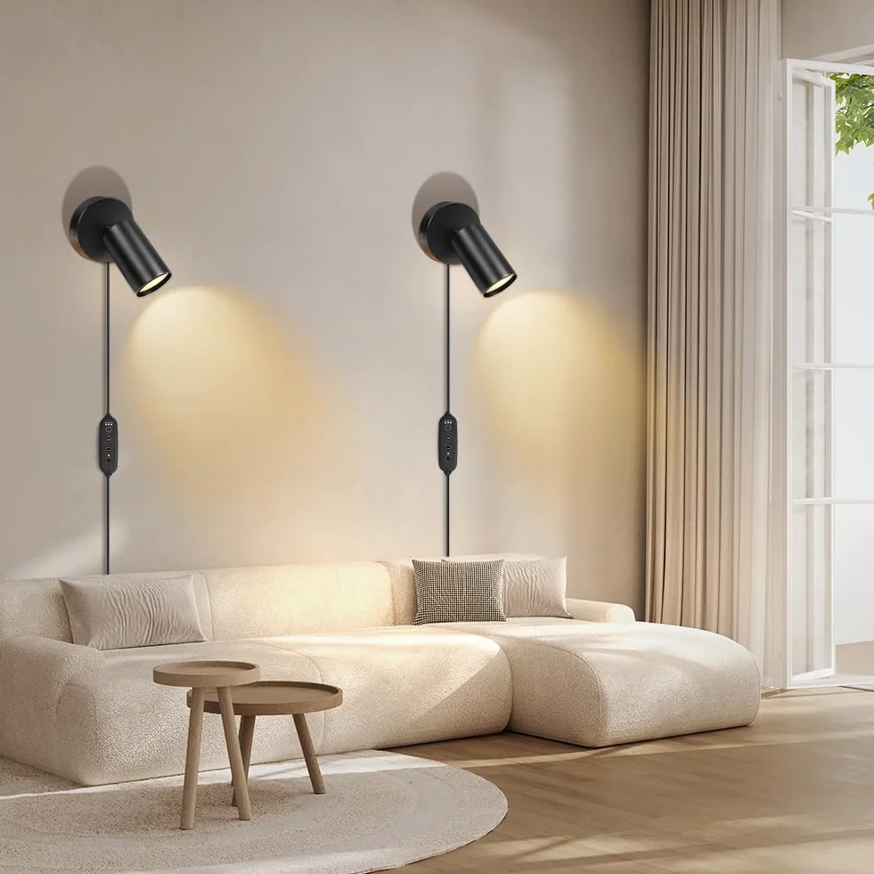 HOTUT GU10 Lampa ścienna z wtyczką i kablem, czarny mat, obracana 350°, metal