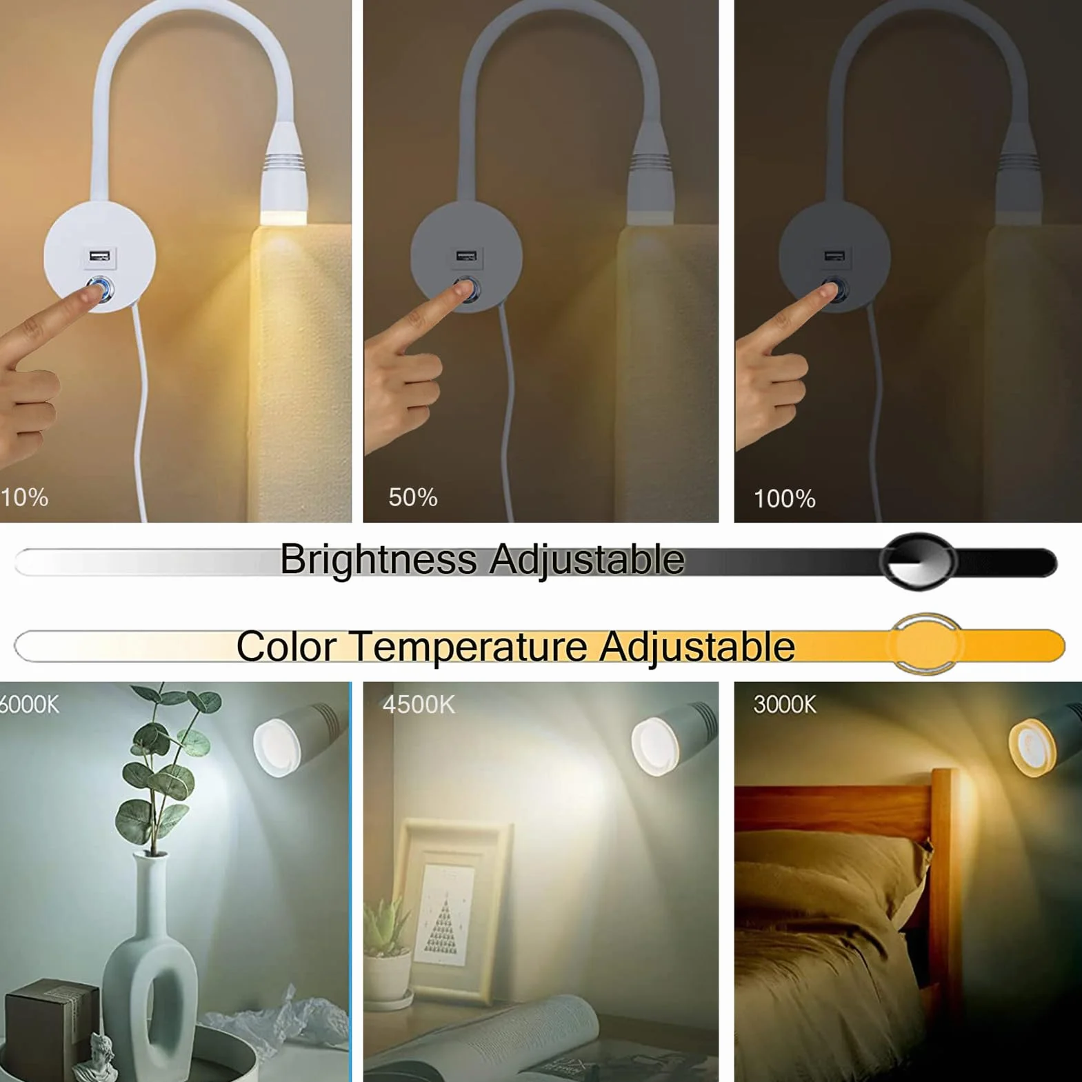 Lampa ścienna LED 6W do czytania z regulacją 3000K-6500K, ściemniana, 1,9 m