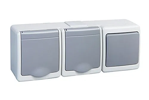 Podwójne gniazdko natynkowe z przełącznikiem, IP44, 16 A/250 V, Schuko, natynkowe, do wilgotnych pomieszczeń, gniazdko GR